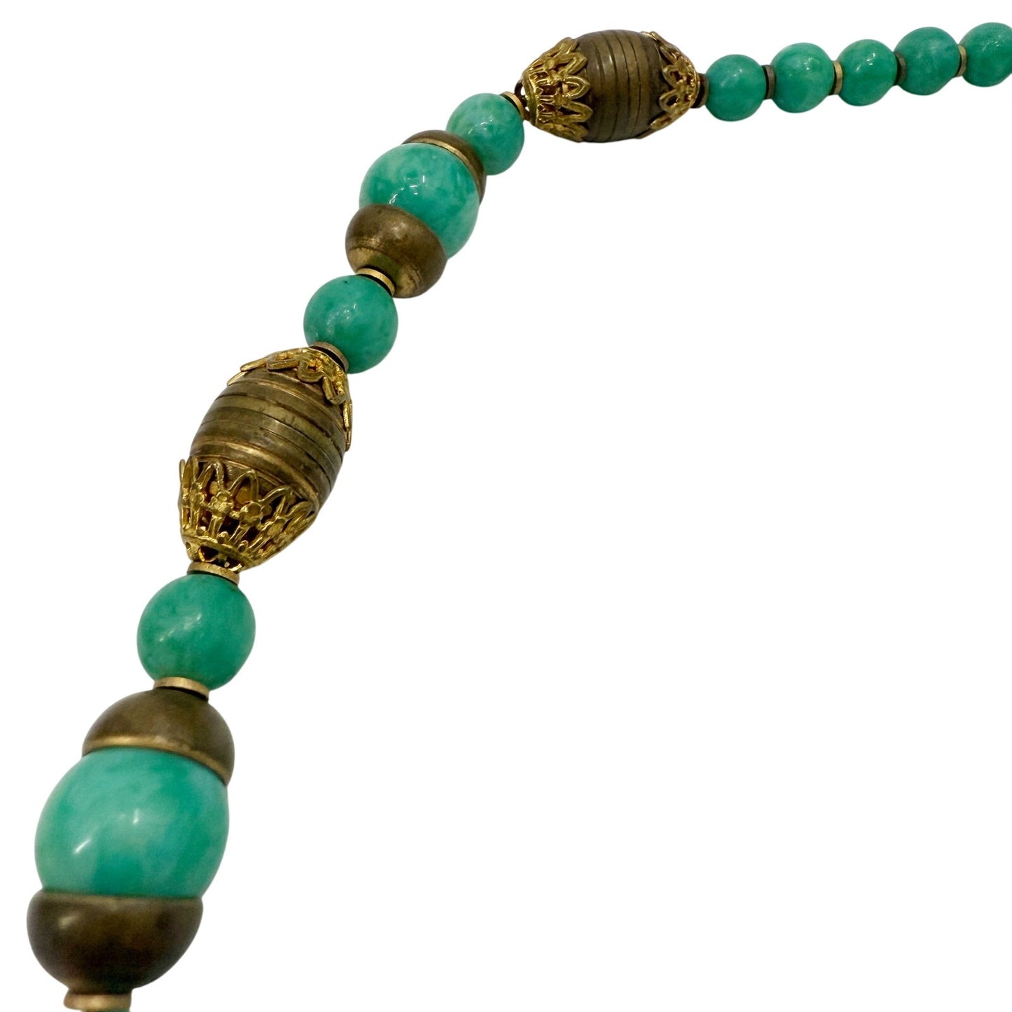 vintage antique gold metal & glass turquoise green beads Necklace foxtail chain
