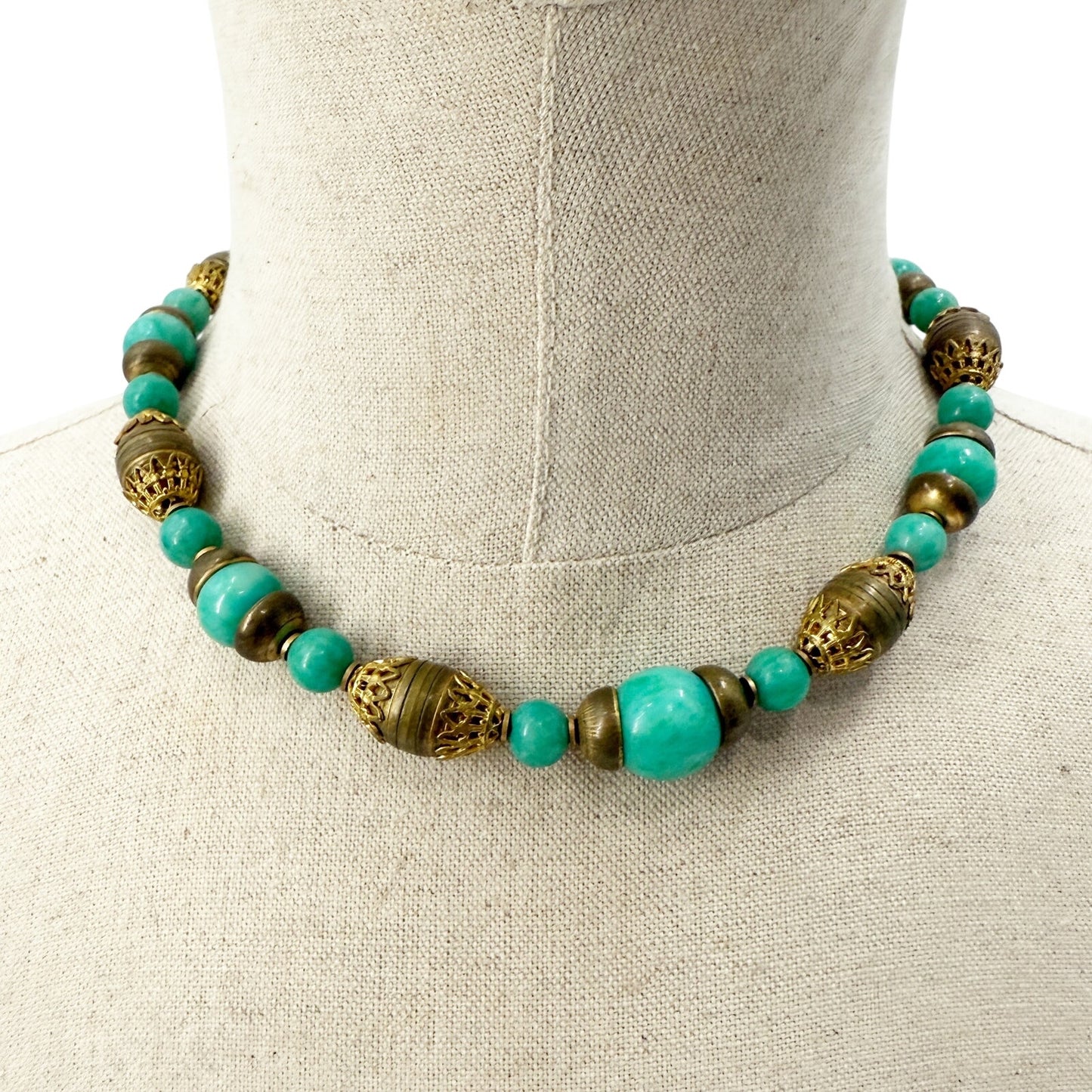vintage antique gold metal & glass turquoise green beads Necklace foxtail chain