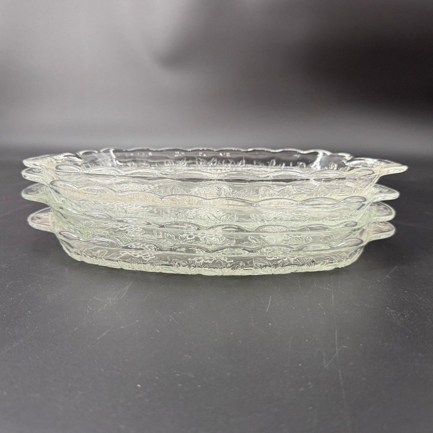 set of 4 vintage Anchor Hocking Vintage Clear Snack Plates grape clusters leaves