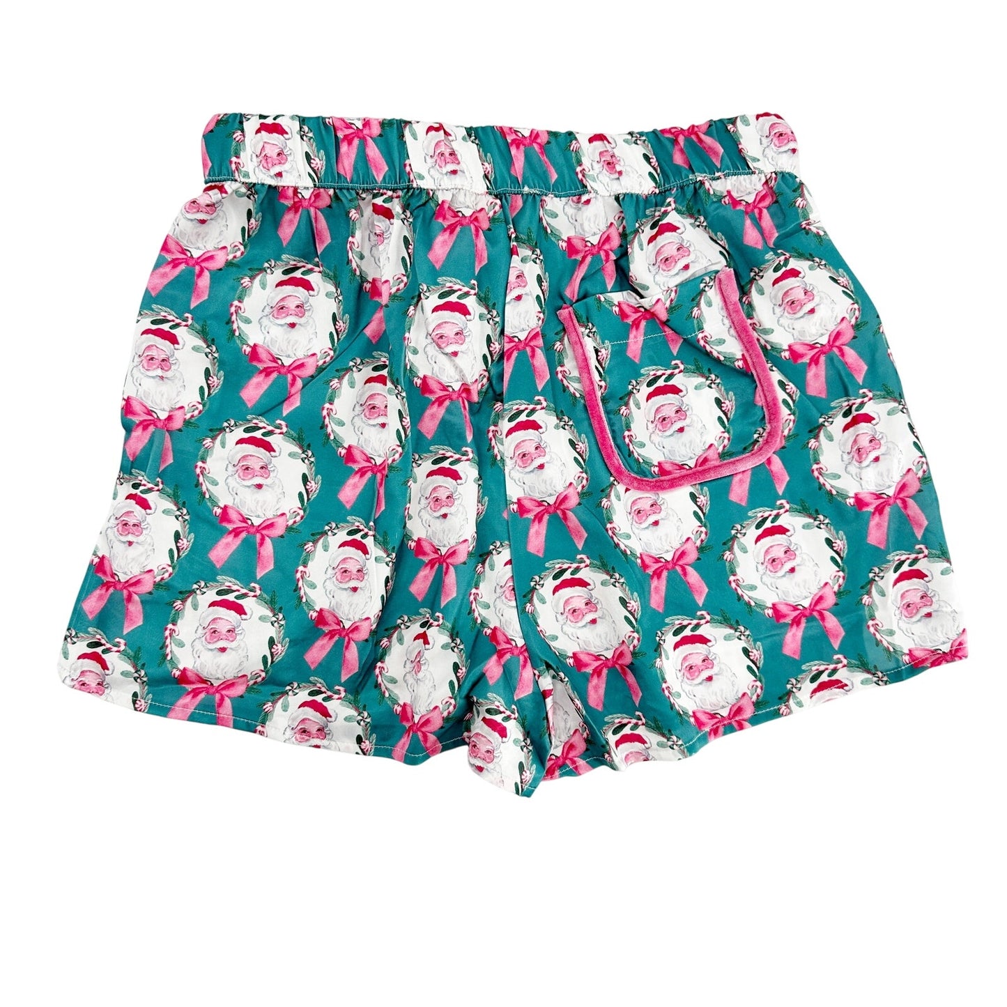 teal Santa & bows satin pajamas | shorts & long sleeve top