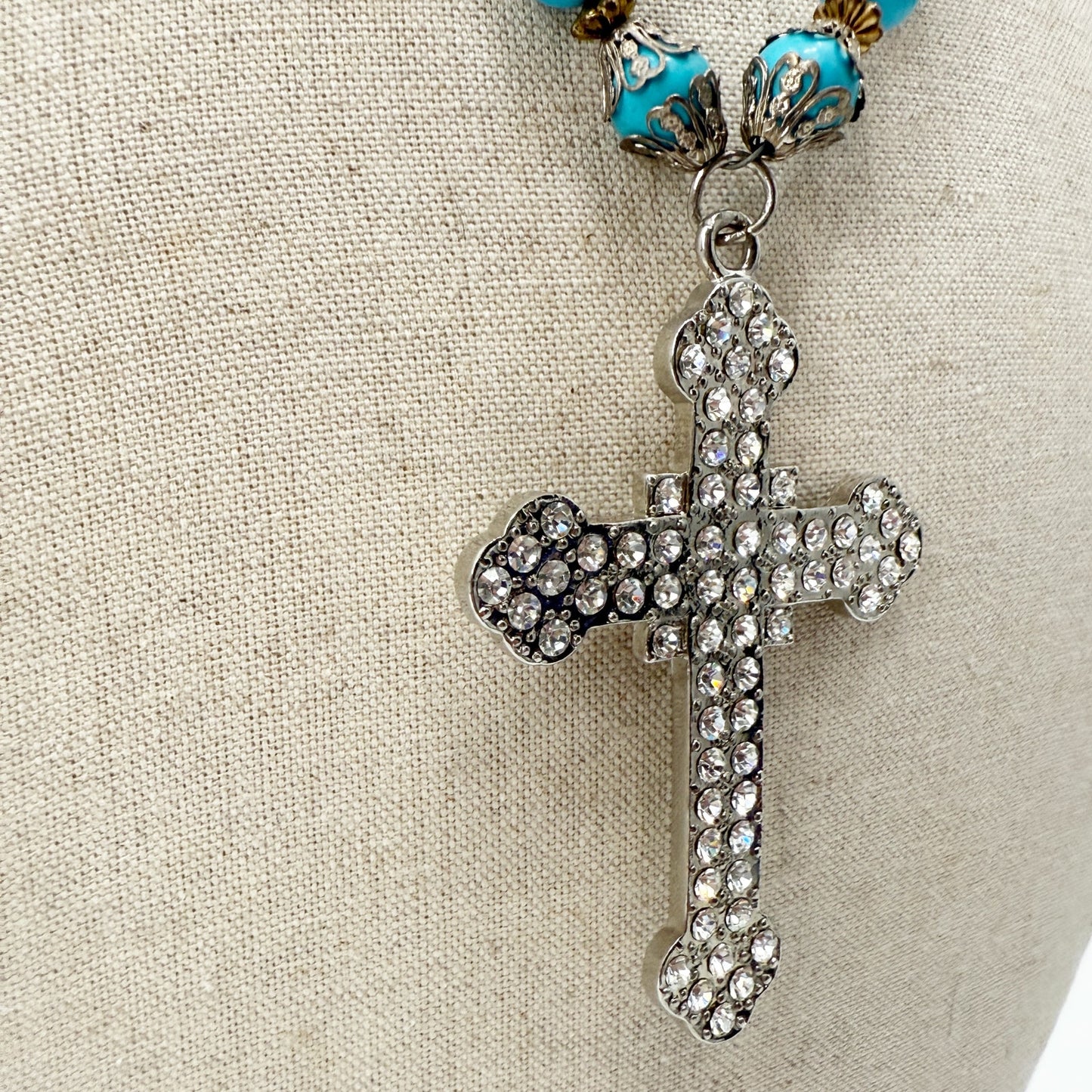 vintage blue beads clear rhinestones Cross Pendant Necklace handmade jewelry
