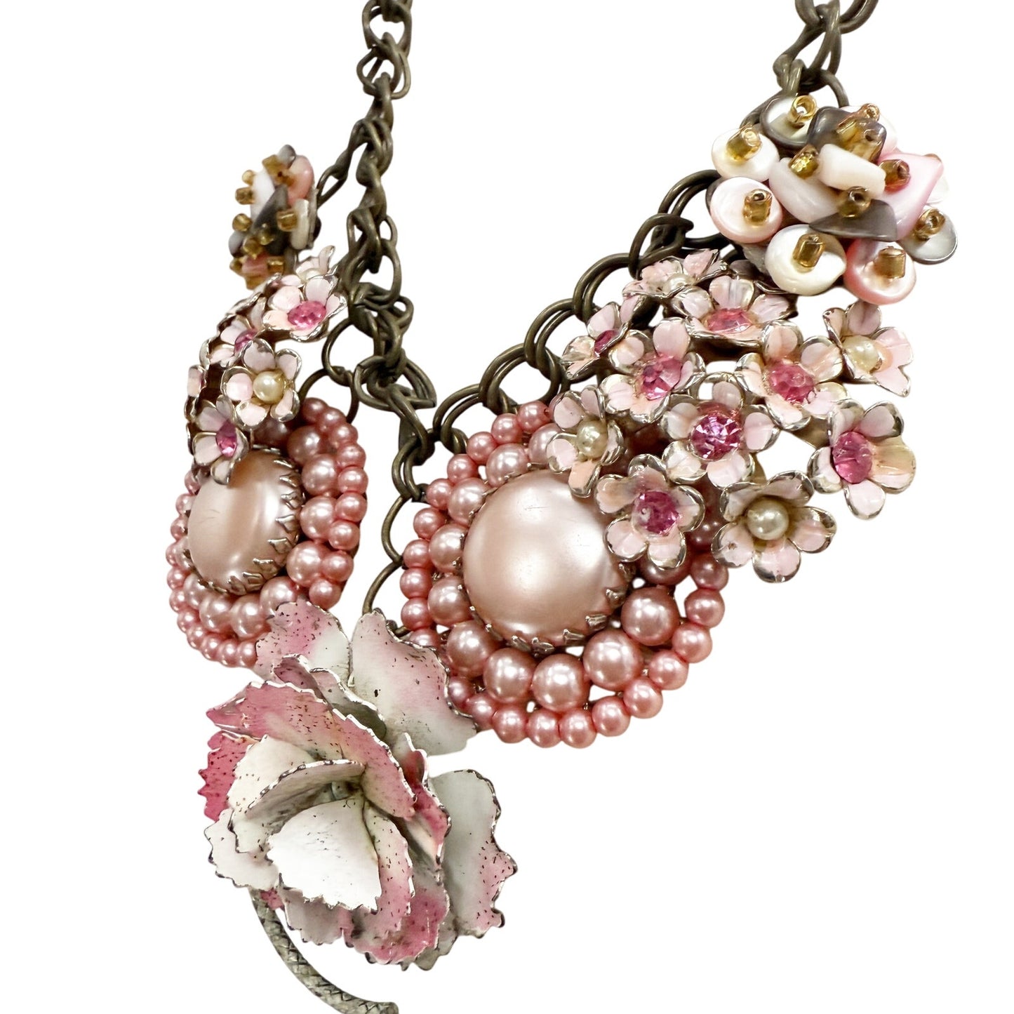 vintage pink earrings & brooches NECKLACE flowers rhinestones faux pearls