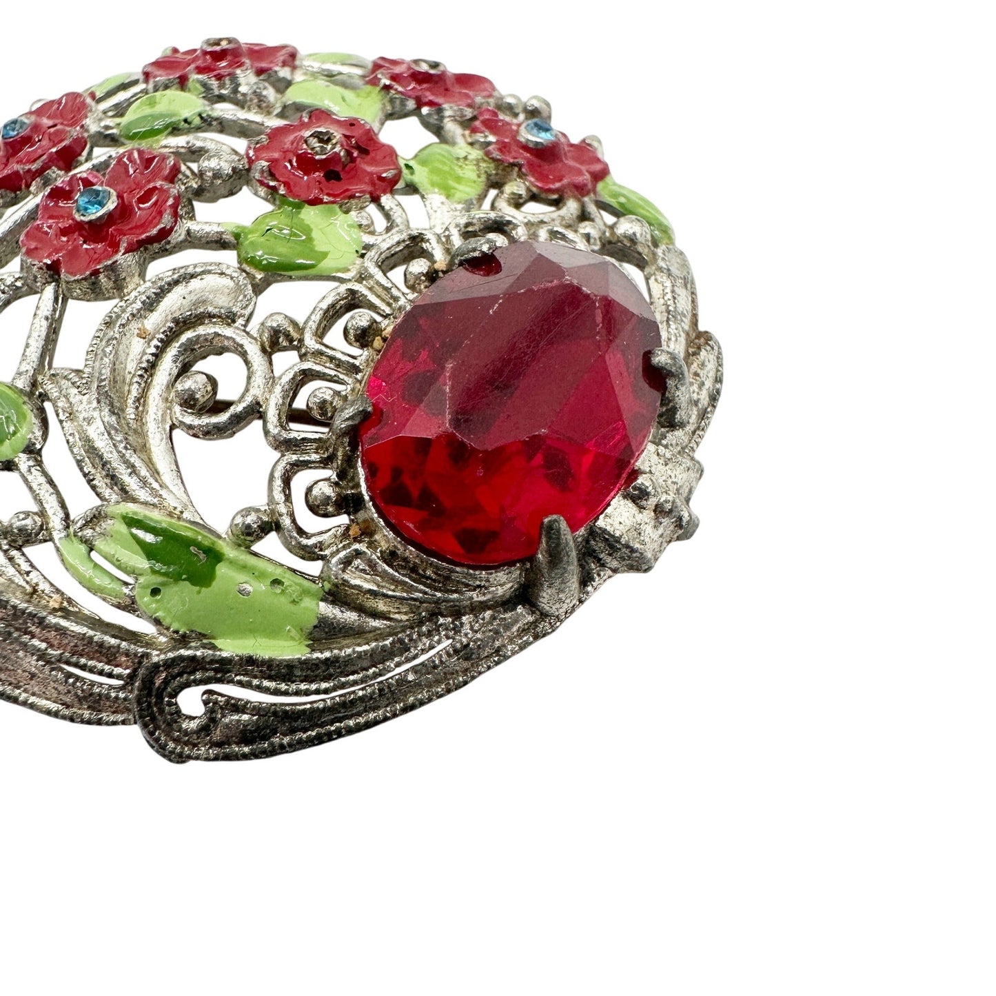 vintage silver metal red enamel finish flowers BROOCH round floral jewelry pin