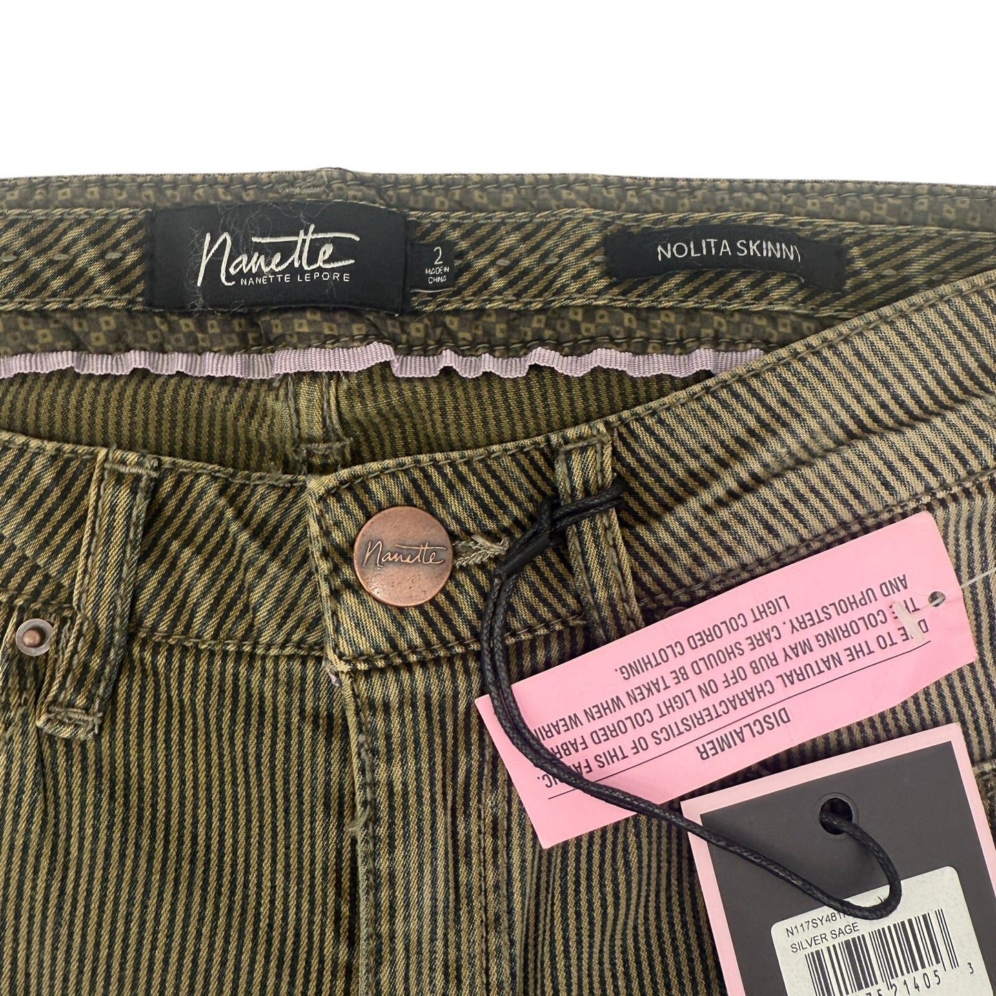 Nanette Lepore olive green black striped Jeans Nolita Skinny pants women's 2 new
