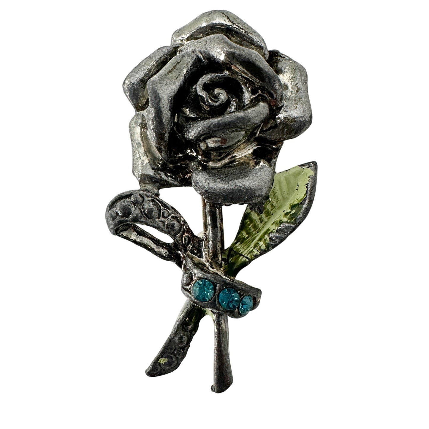 vintage silver metal turquoise rhinestones rose flower BROOCH floral jewelry pin