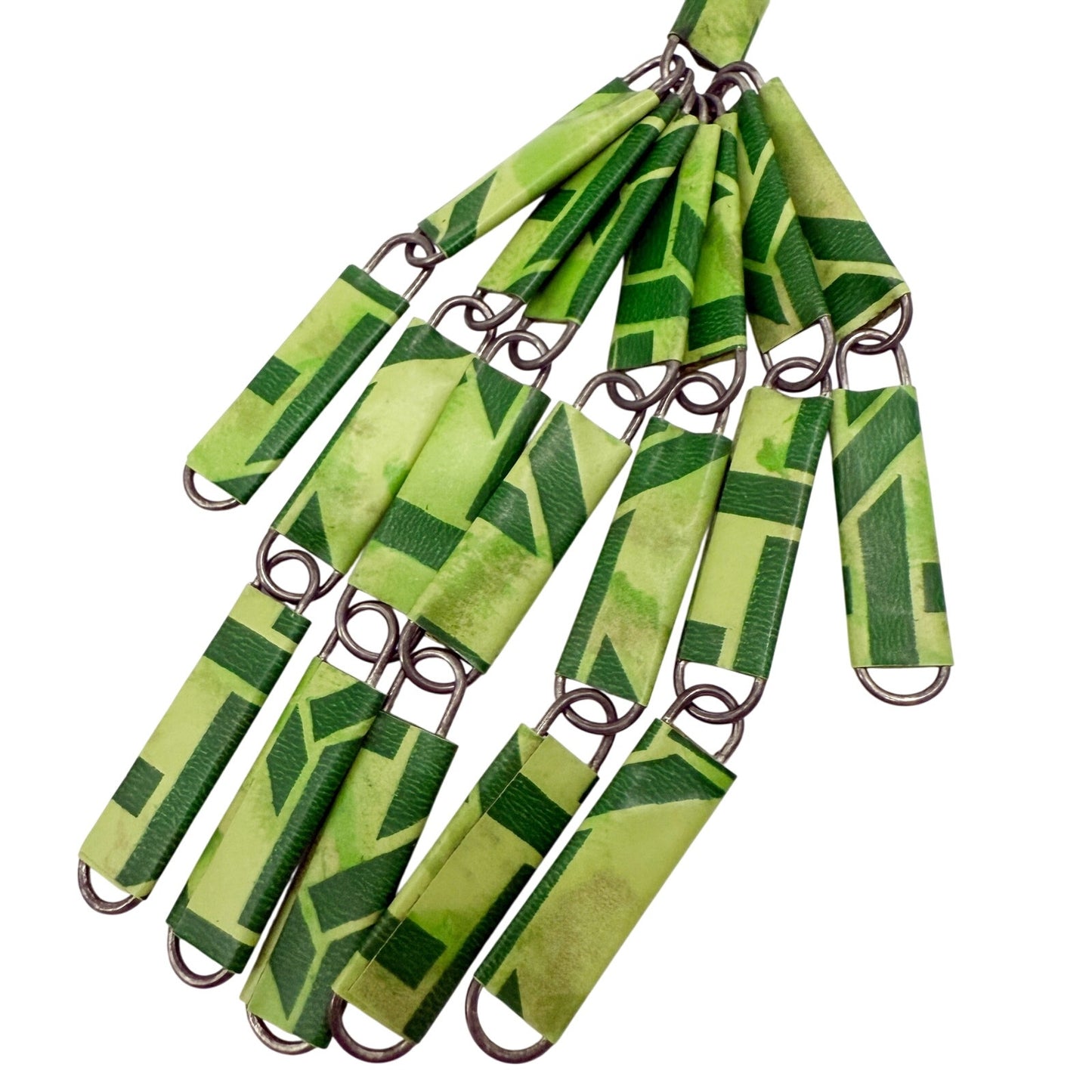 vintage dark & light green Paper Clip Tassel Necklace silver tone metal jewelry