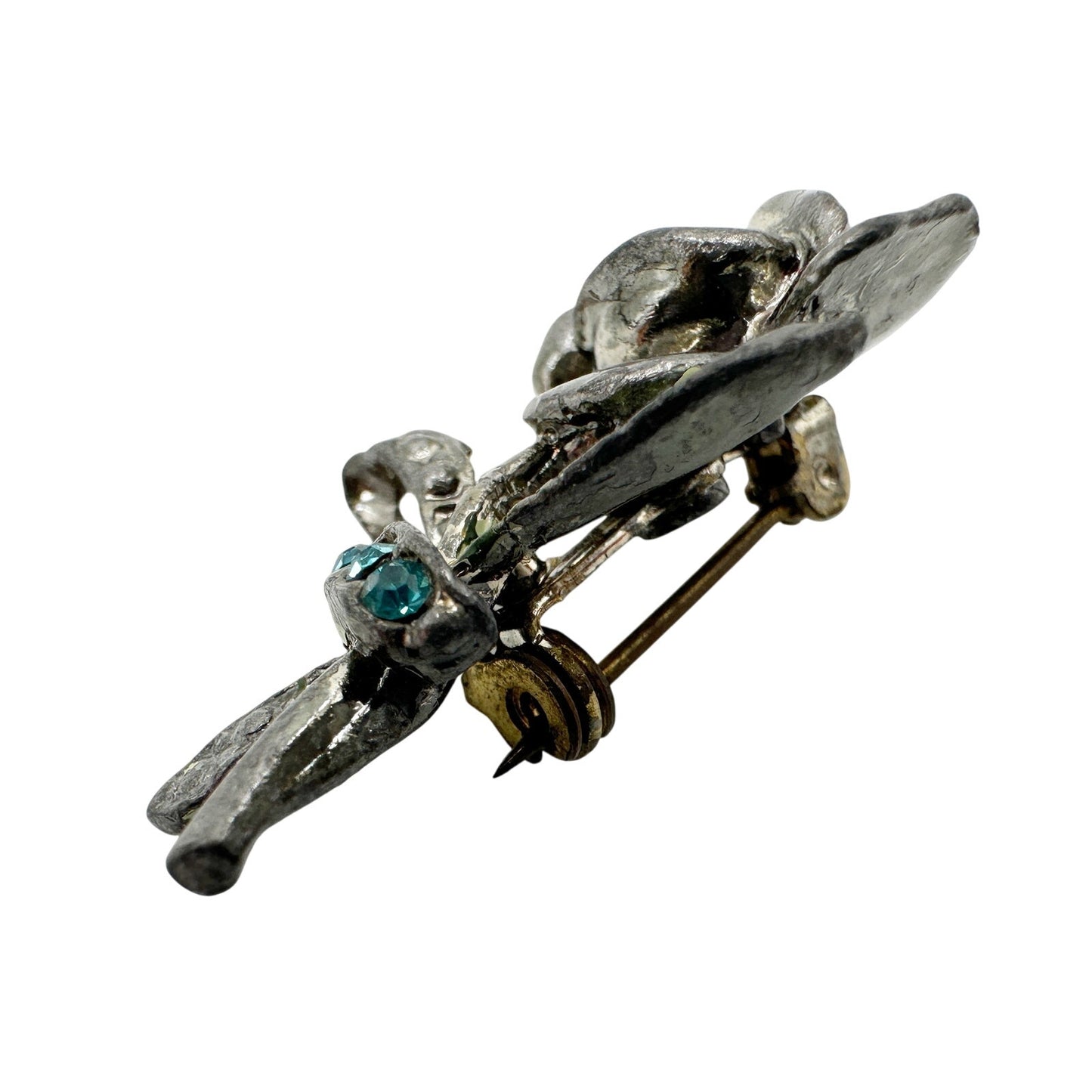 vintage silver metal turquoise rhinestones rose flower BROOCH floral jewelry pin