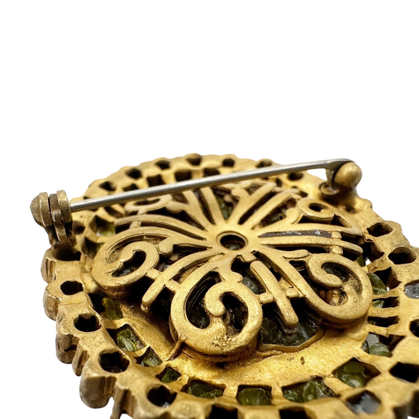 vintage faux pearls gold green stones BROOCH floral jewelry pin