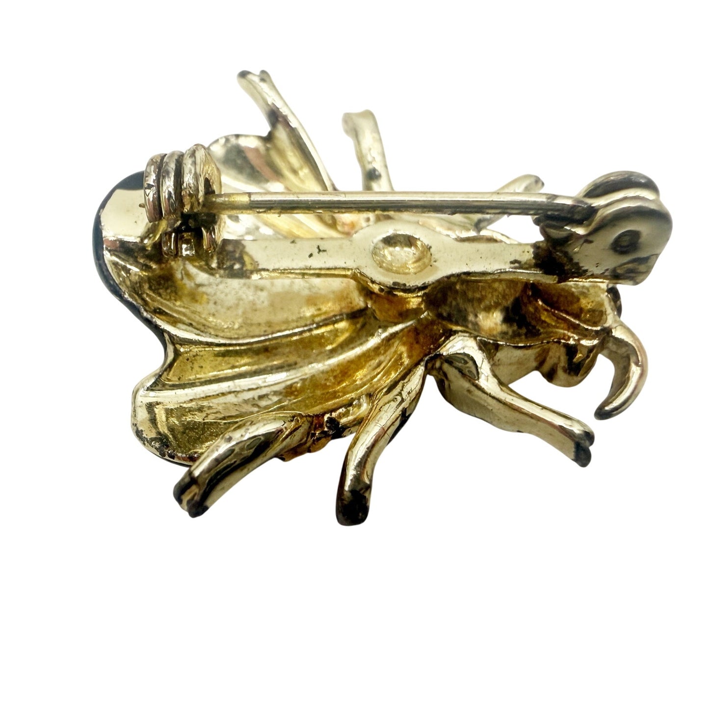 vintage black enamel & gold Bug Fly BROOCH insect jewelry pin clear rhinestones