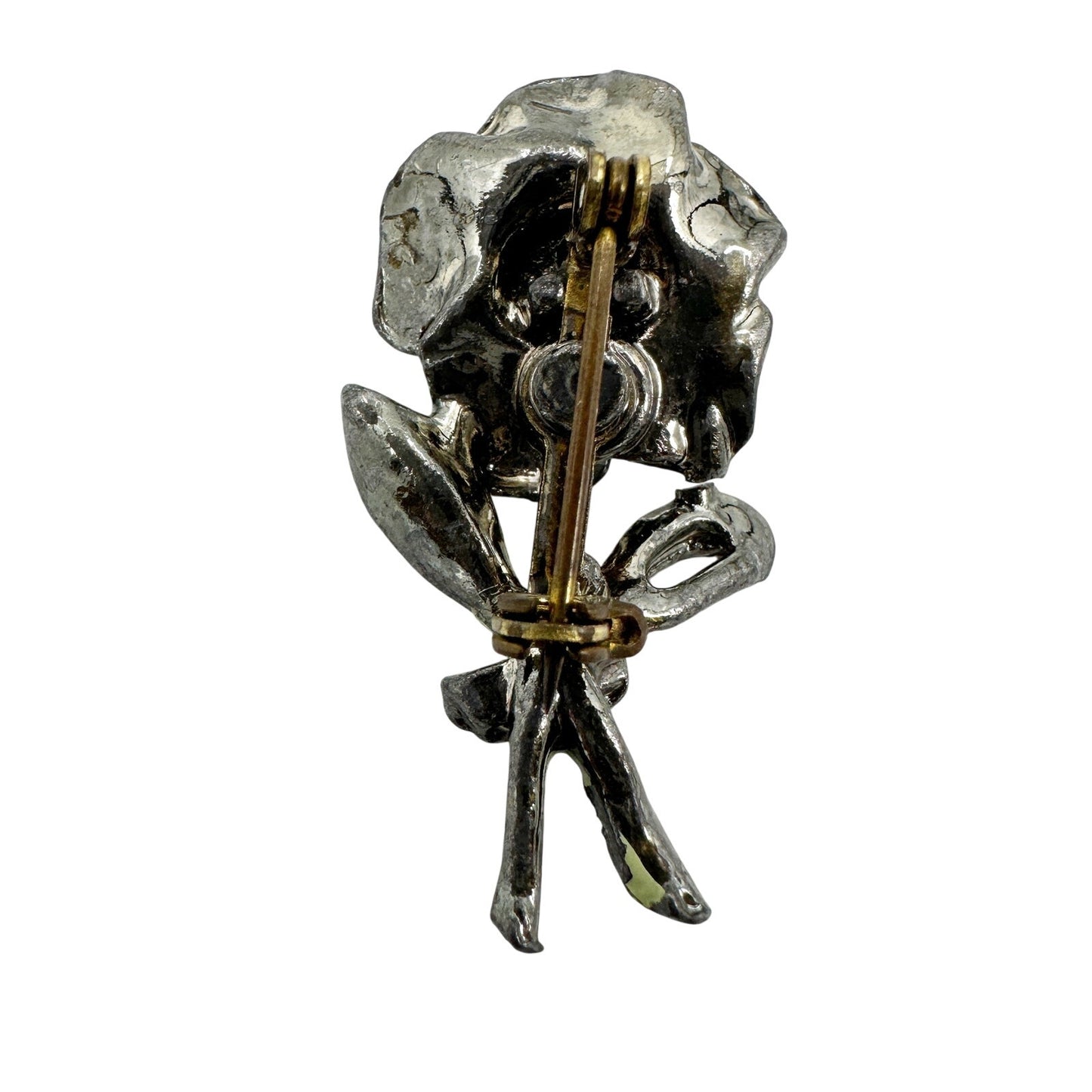 vintage silver metal turquoise rhinestones rose flower BROOCH floral jewelry pin