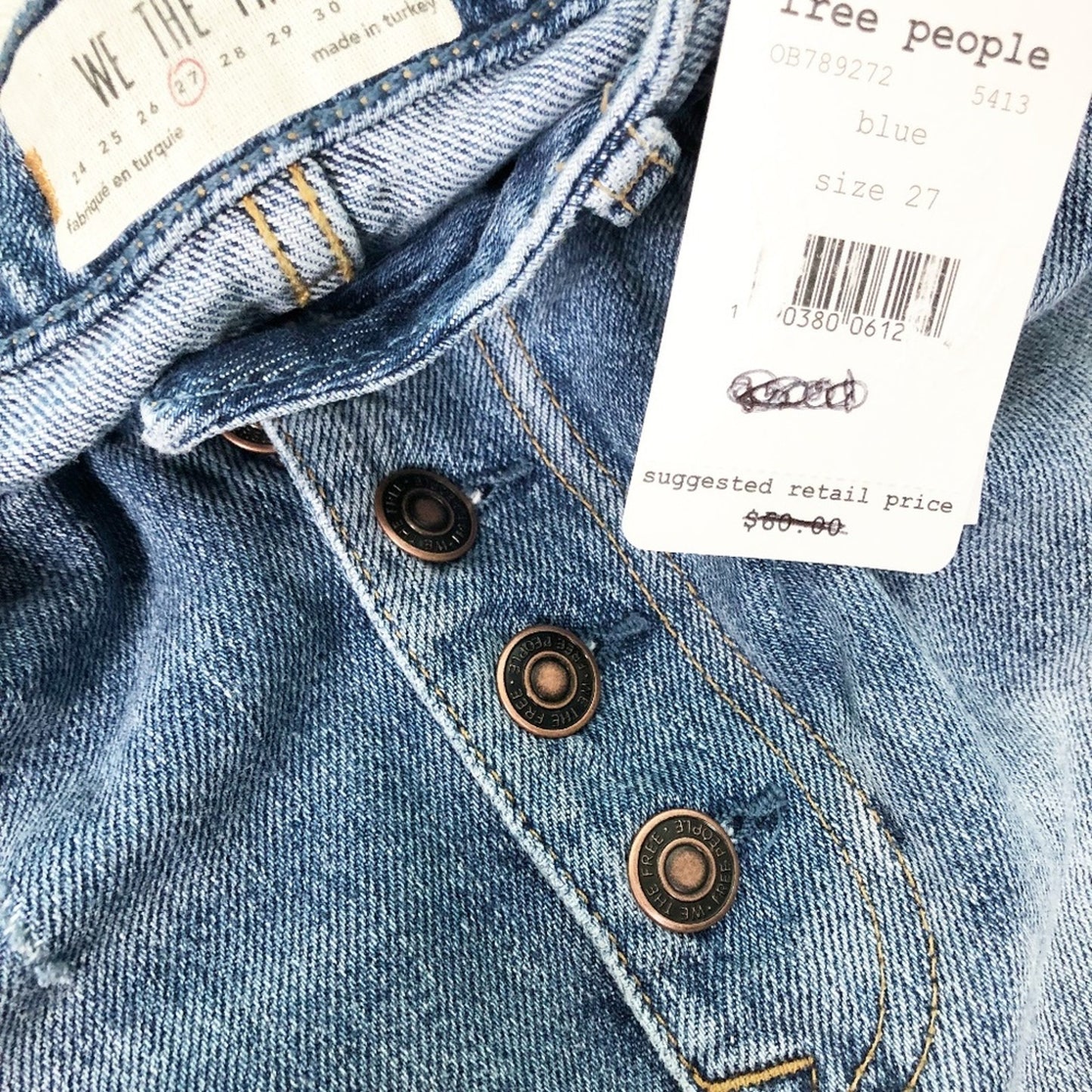 We the Free People blue denim short SKIRT distressed mini size 27 new $60