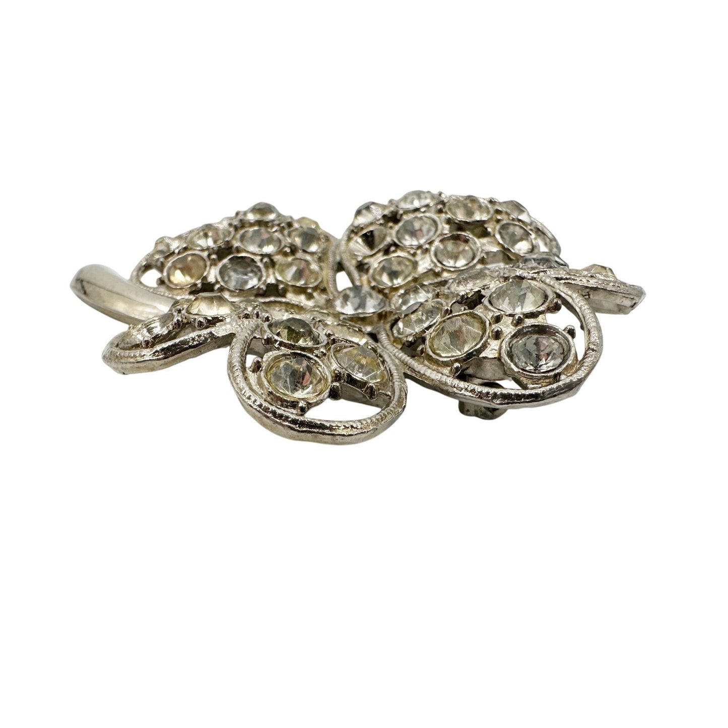 vintage silver & clear rhinestones four leaf clover BROOCH jewelry pin