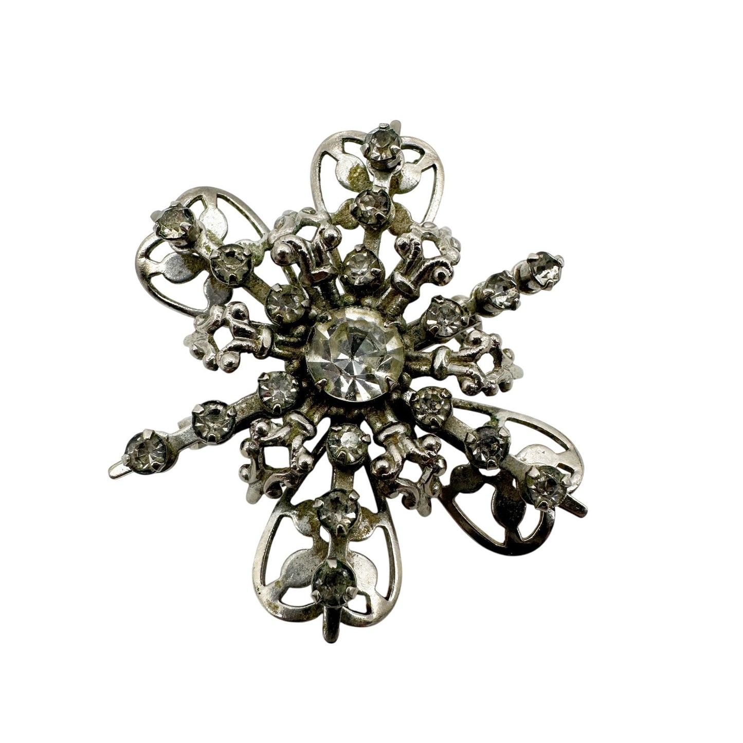 vintage silver metal & clear rhinestones BROOCH jewelry pin