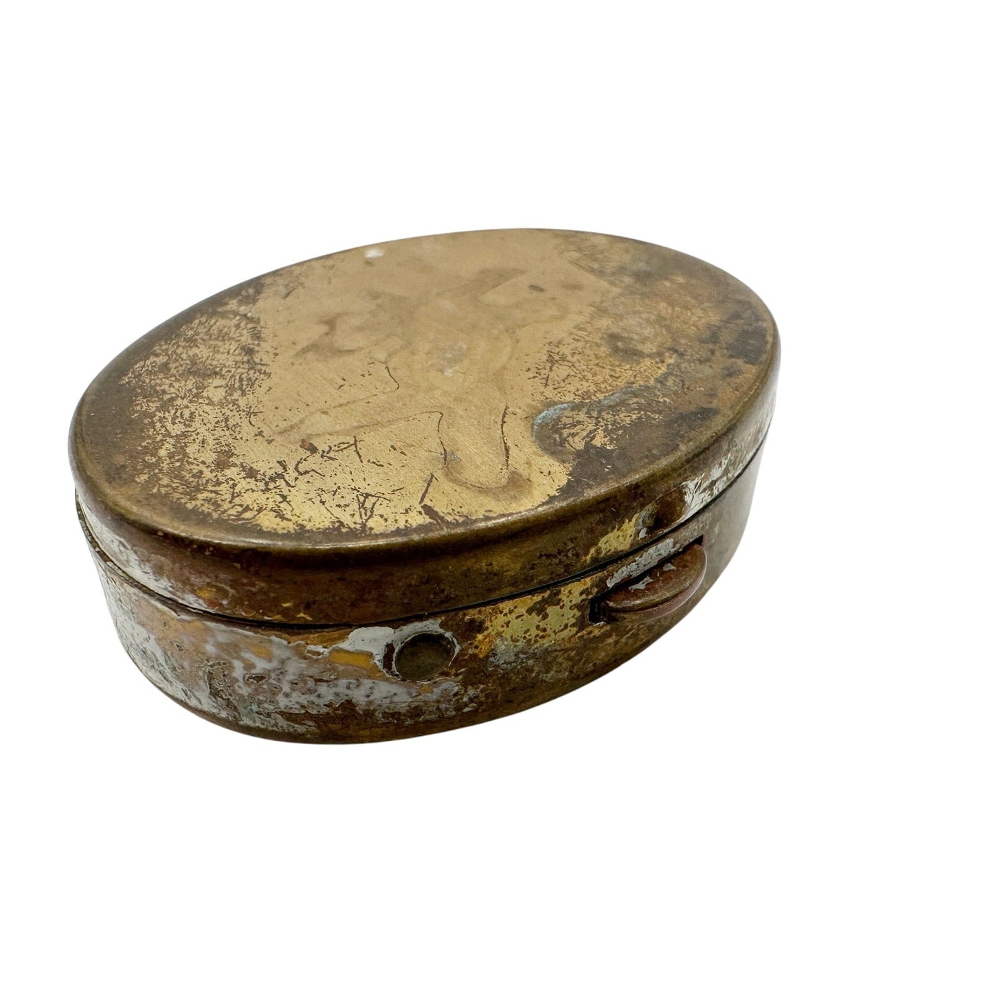vintage gold tone metal Pill Box small oval container