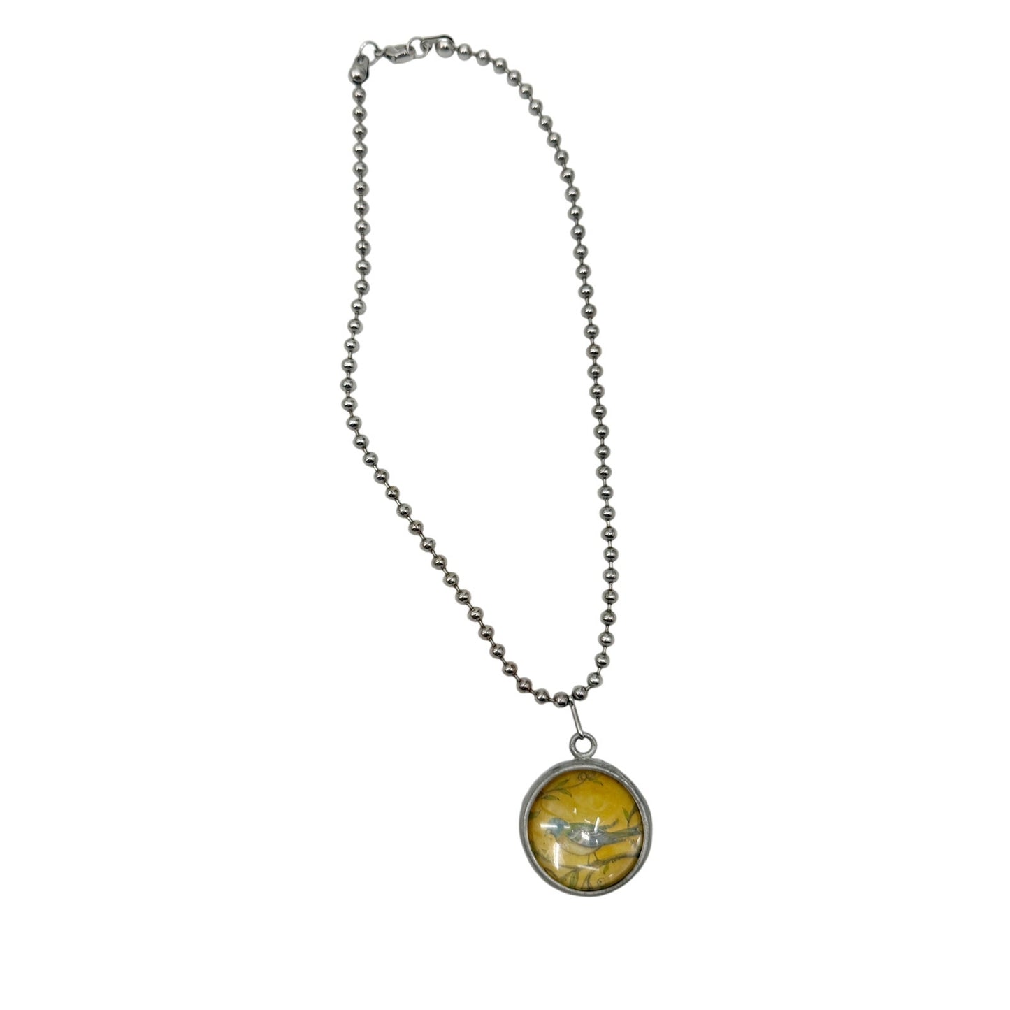 silver tone metal bead chain w/ round Bird Charm pendant Necklace yellow blue