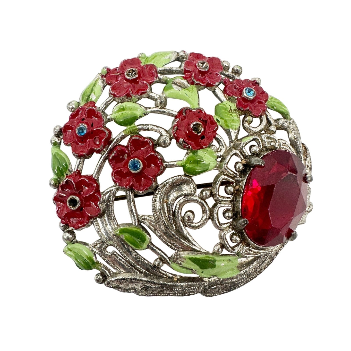 vintage silver metal red enamel finish flowers BROOCH round floral jewelry pin