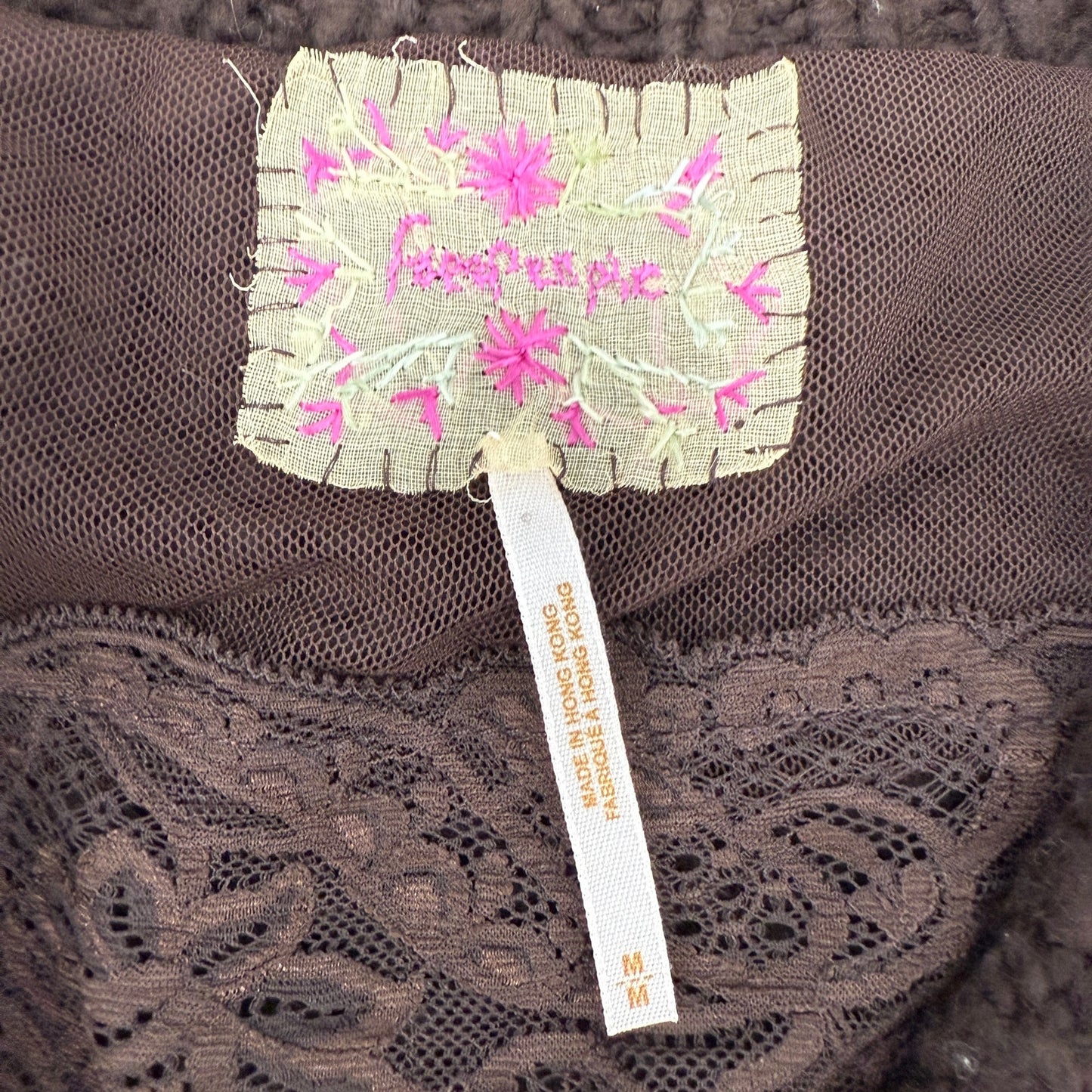 Free People brown Crop Sweater women's MEDIUM top flower button *NOT oversized*