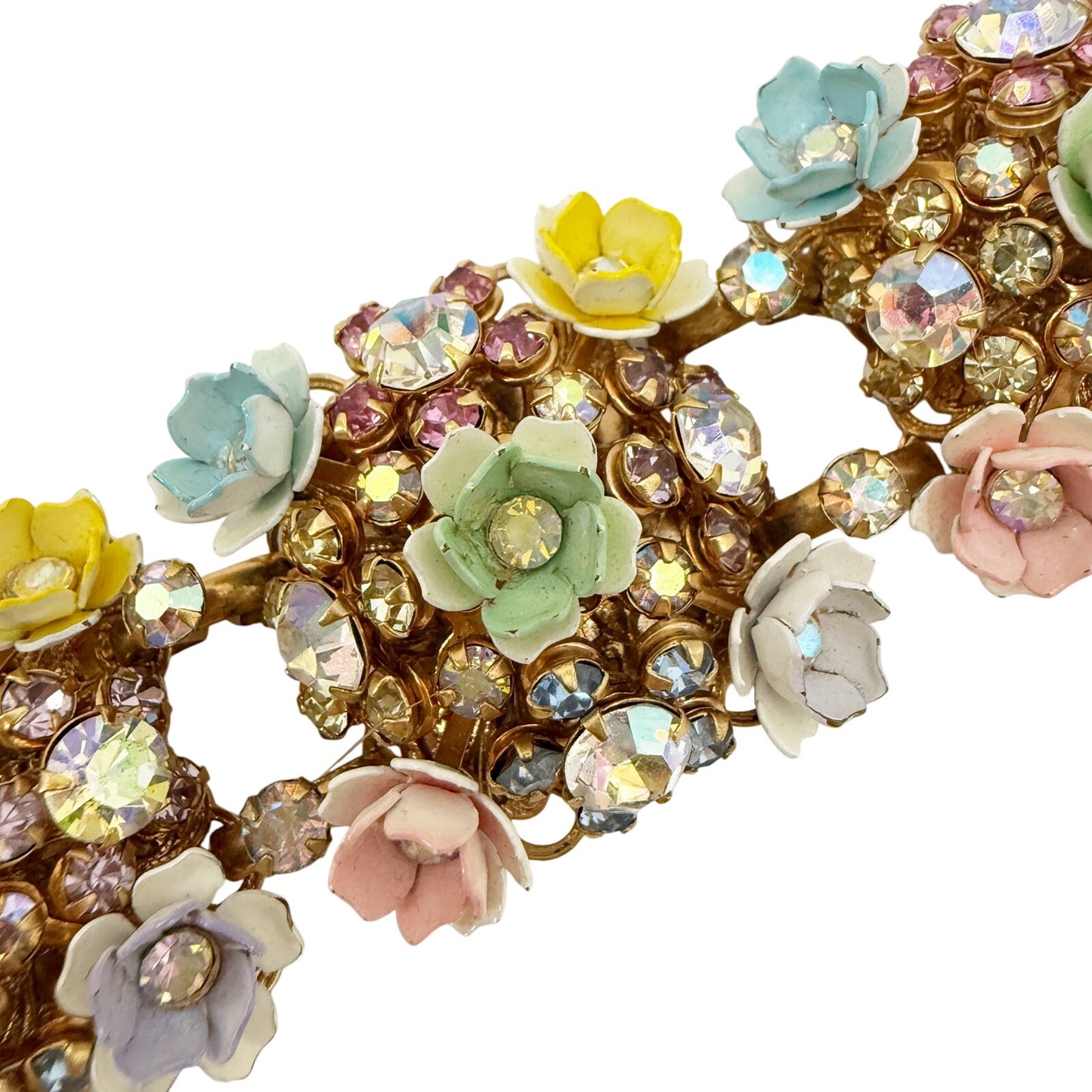 vintage pastel enamel spring flowers Bracelet & Earrings Set rhinestones gold