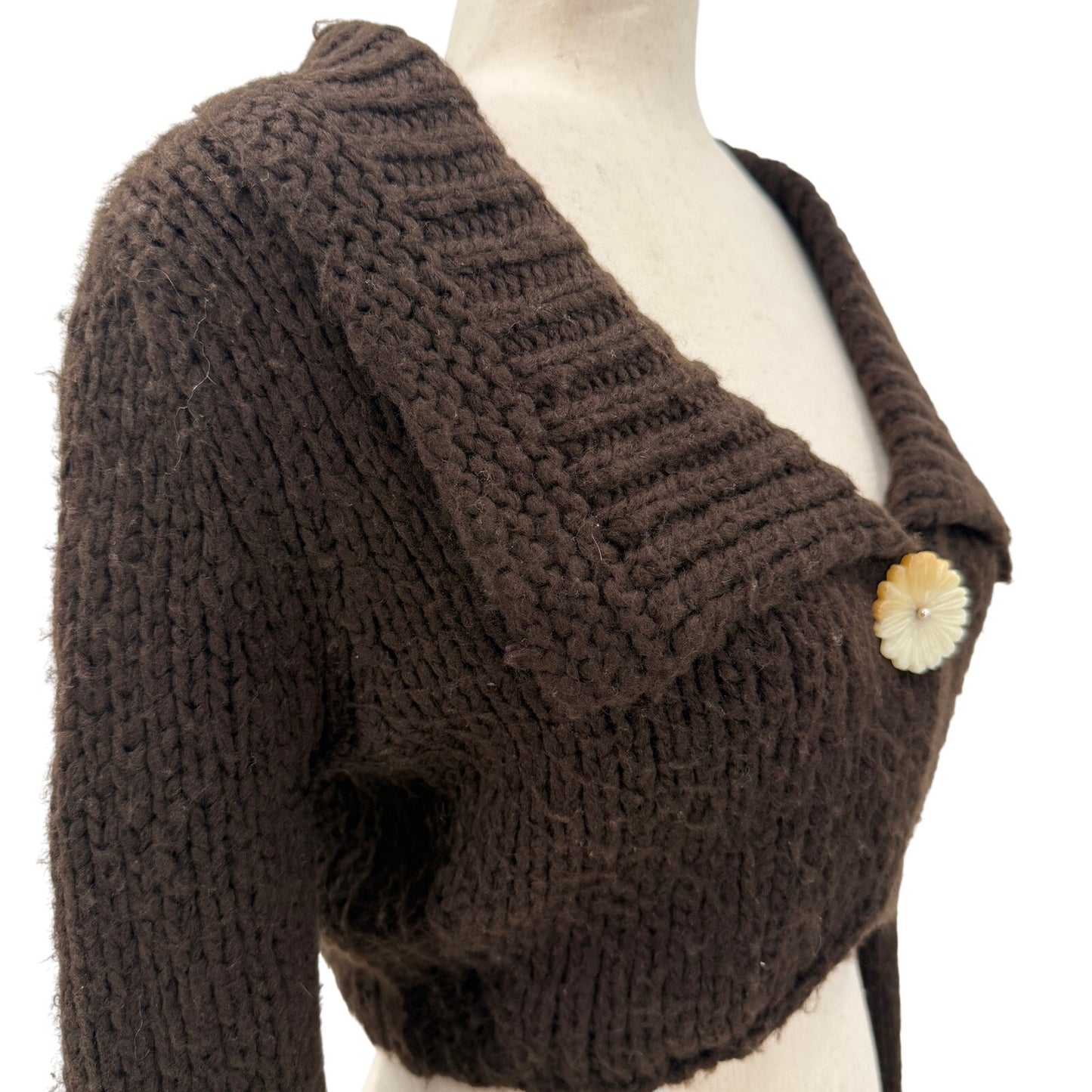 Free People brown Crop Sweater women's MEDIUM top flower button *NOT oversized*