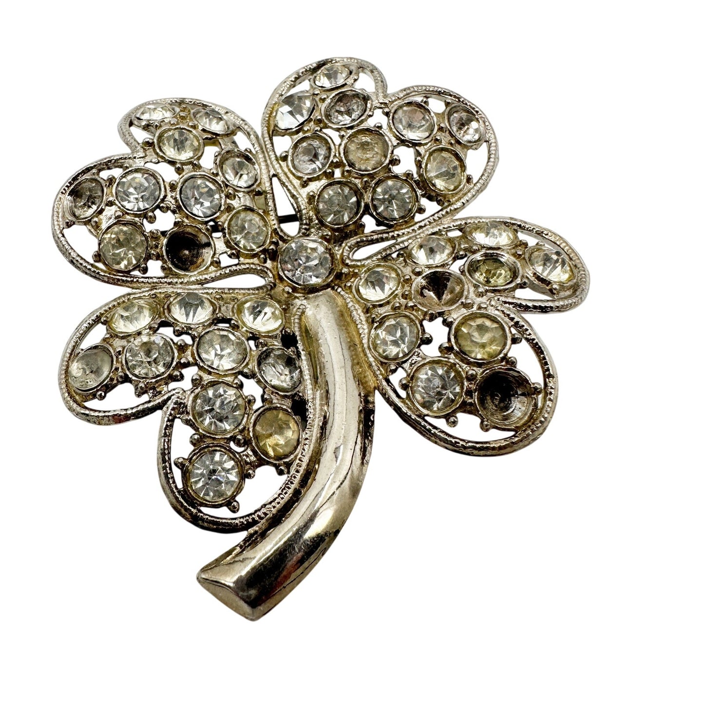 vintage silver & clear rhinestones four leaf clover BROOCH jewelry pin