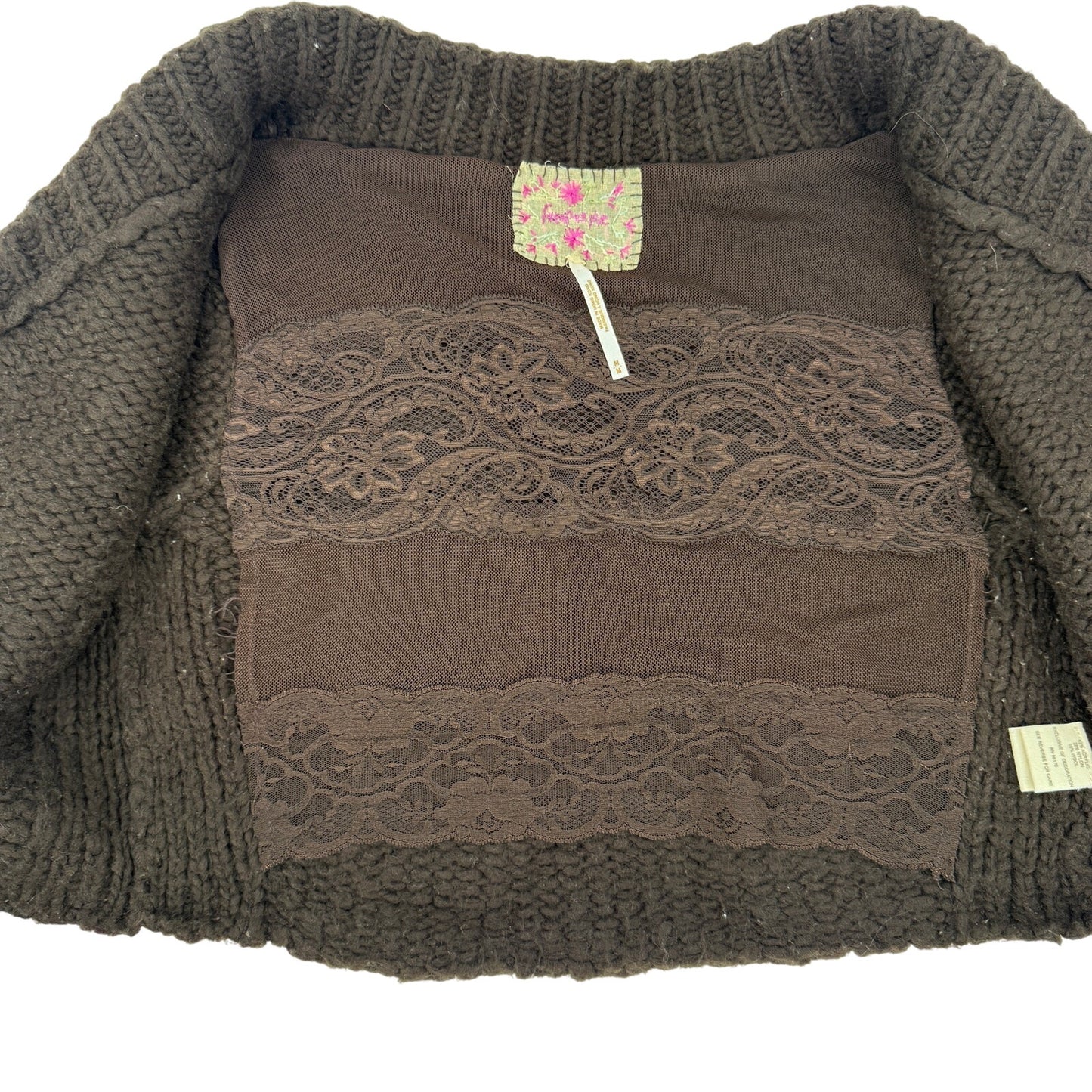 Free People brown Crop Sweater women's MEDIUM top flower button *NOT oversized*