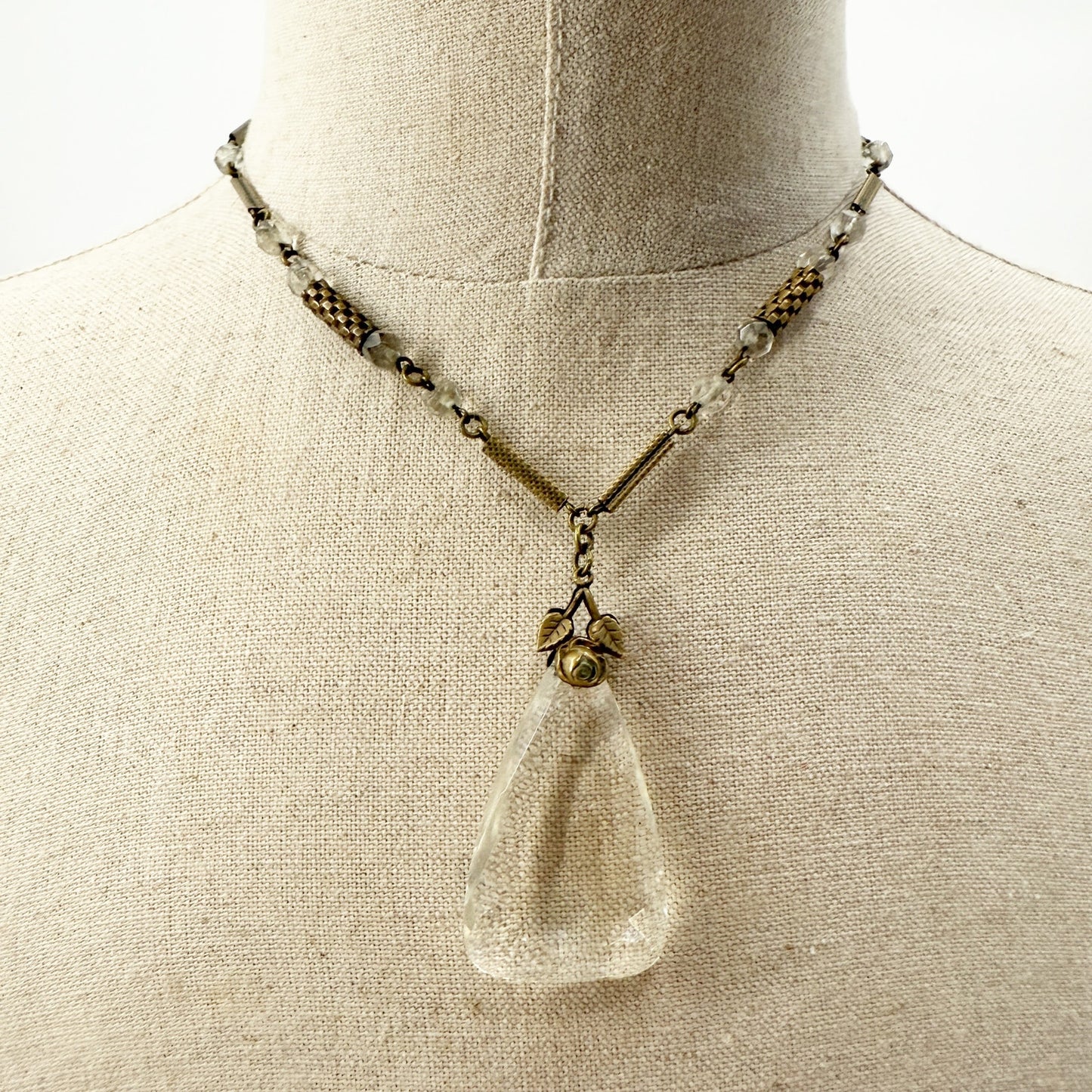 vintage antique gold metal clear beads acrylic Pendant Necklace rose & leaves