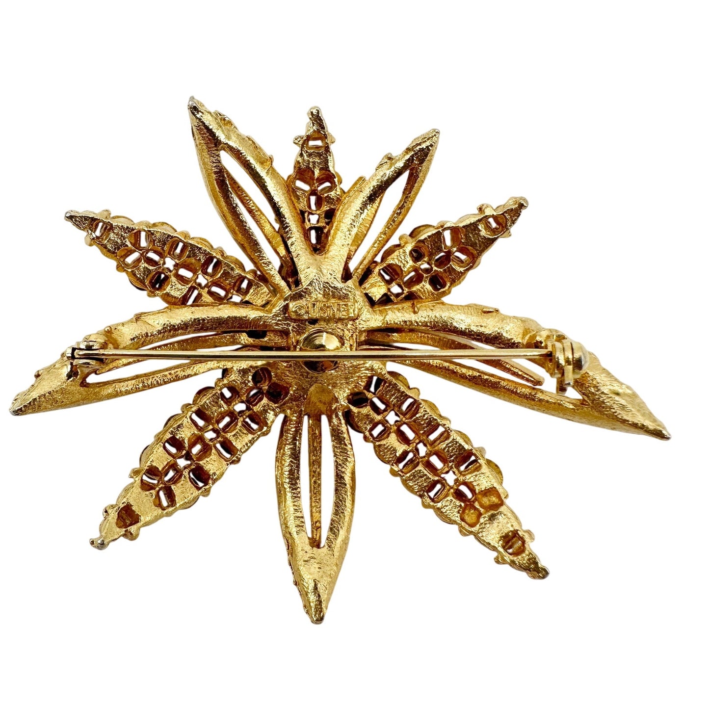 vintage Lisner gold & rhinestones starflower flower BROOCH floral jewelry pin
