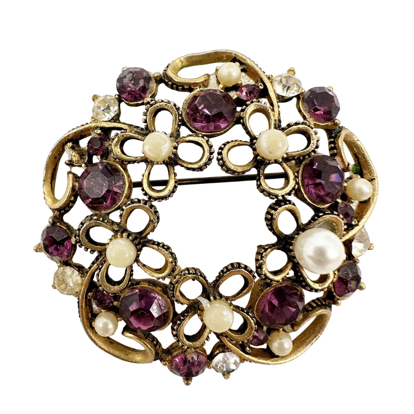 vintage gold purple faux pearls rhinestones flower BROOCH floral jewelry pin