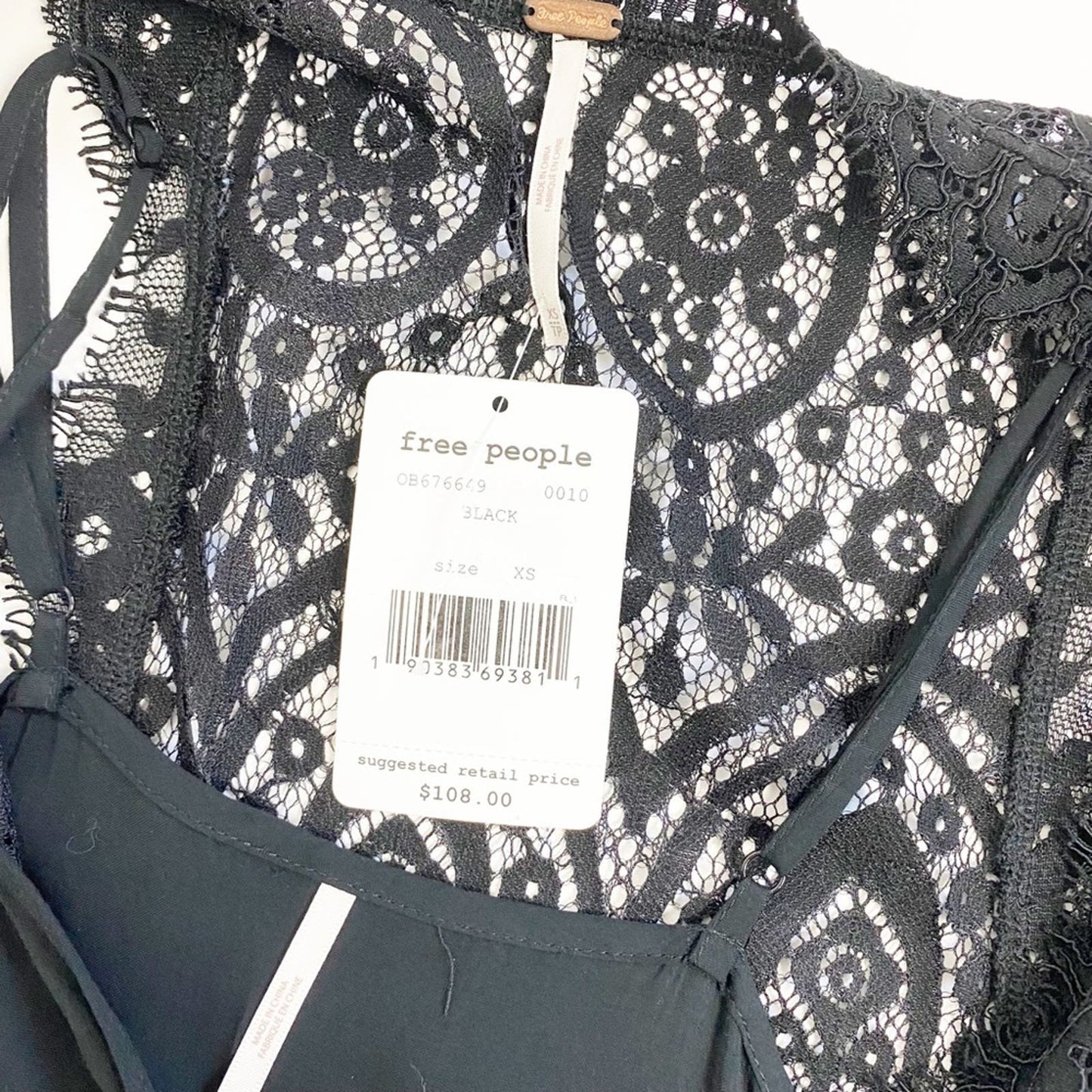 Free People black lace mini Dress w/ slip Tunic Top new $108 size XS extra small