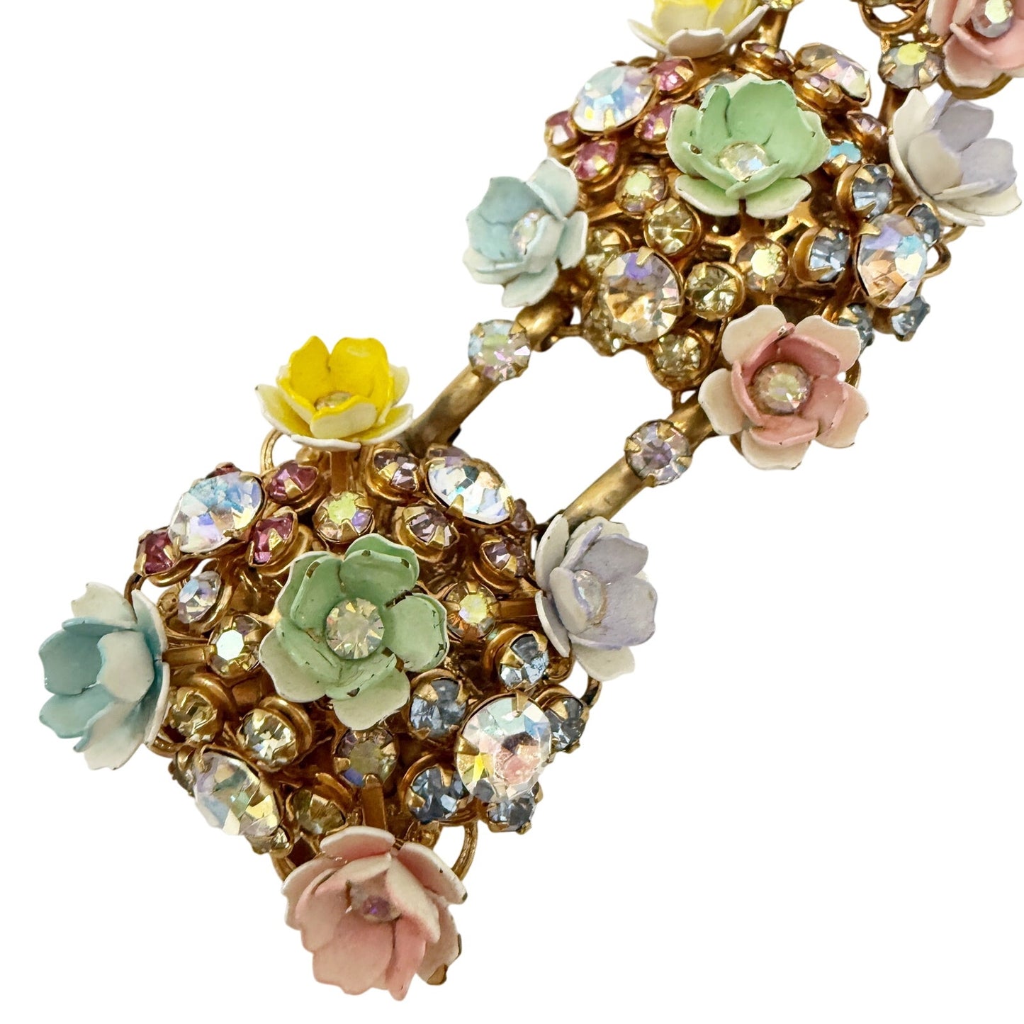 vintage pastel enamel spring flowers Bracelet & Earrings Set rhinestones gold