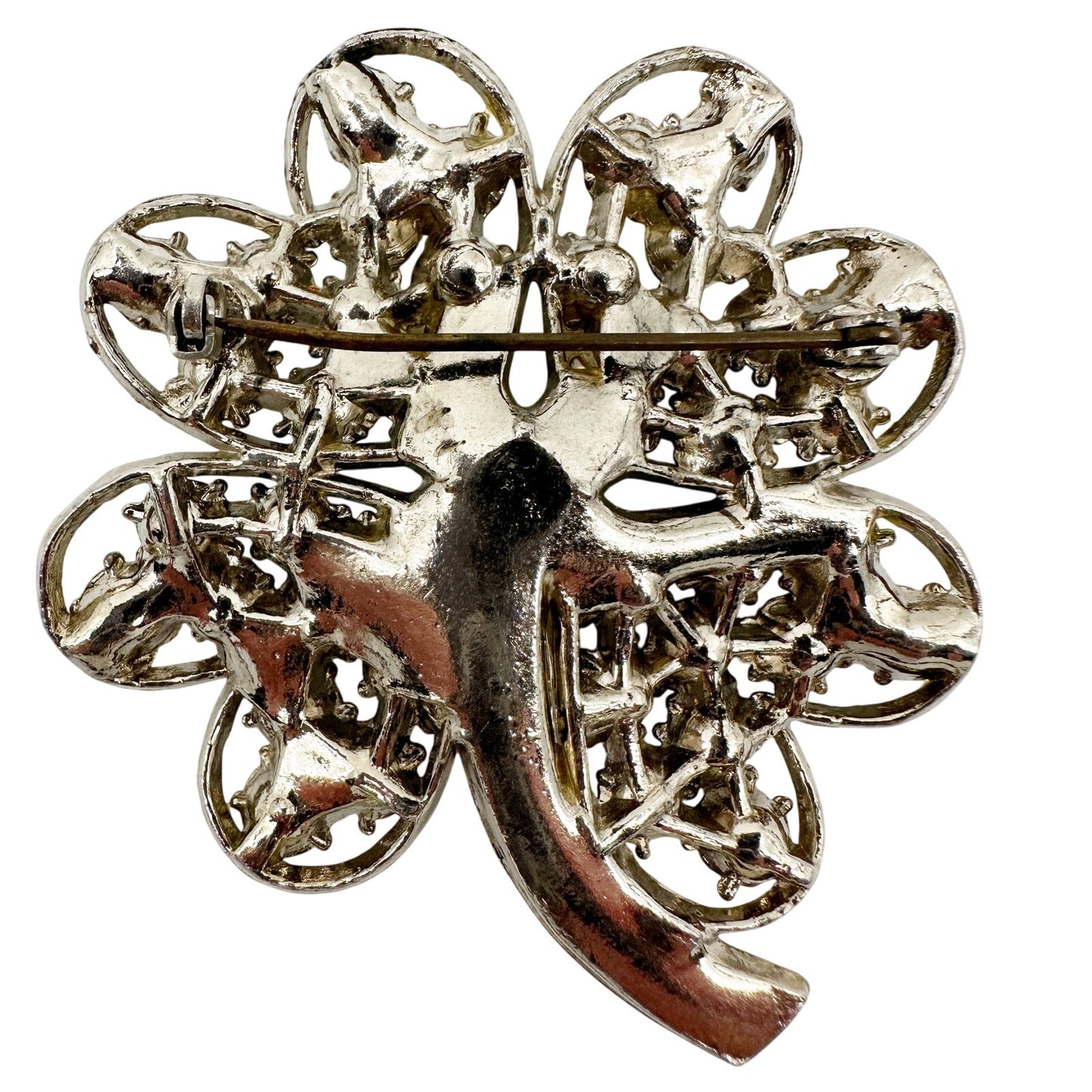 vintage silver & clear rhinestones four leaf clover BROOCH jewelry pin