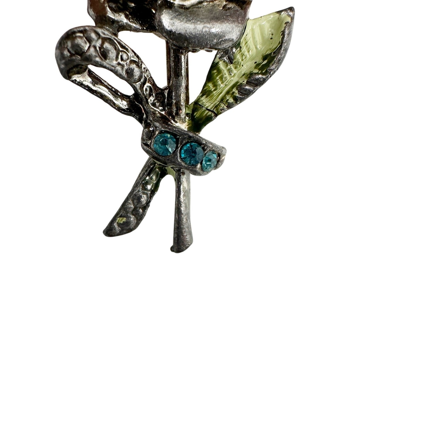 vintage silver metal turquoise rhinestones rose flower BROOCH floral jewelry pin