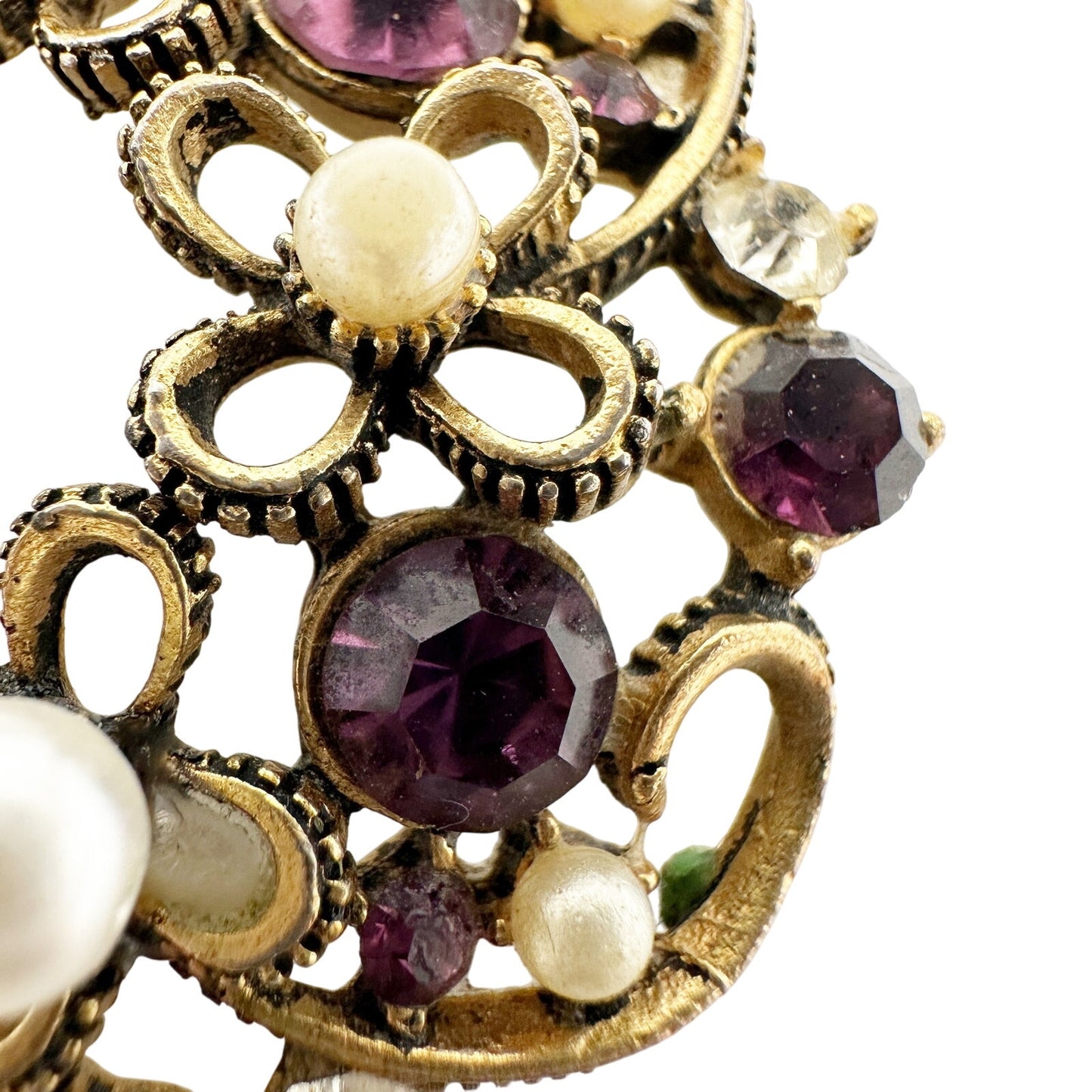 vintage gold purple faux pearls rhinestones flower BROOCH floral jewelry pin