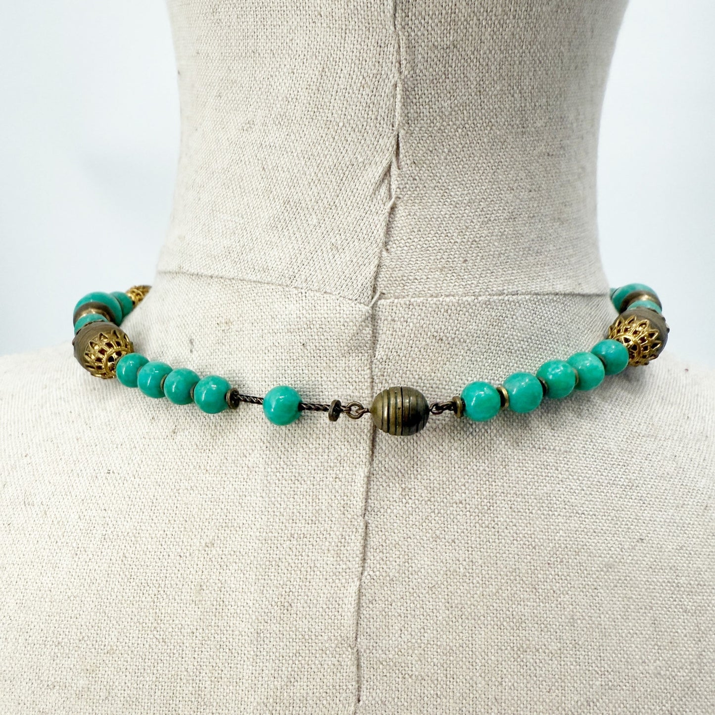 vintage antique gold metal & glass turquoise green beads Necklace foxtail chain