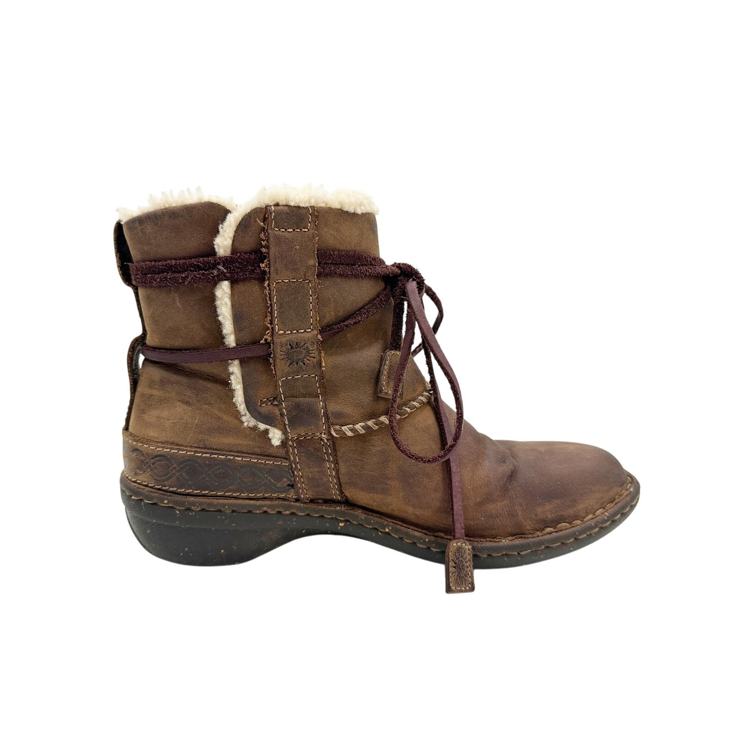 UGG brown leather wraparound tie ankle BOOTS women's 7 winter shoes sheepskin