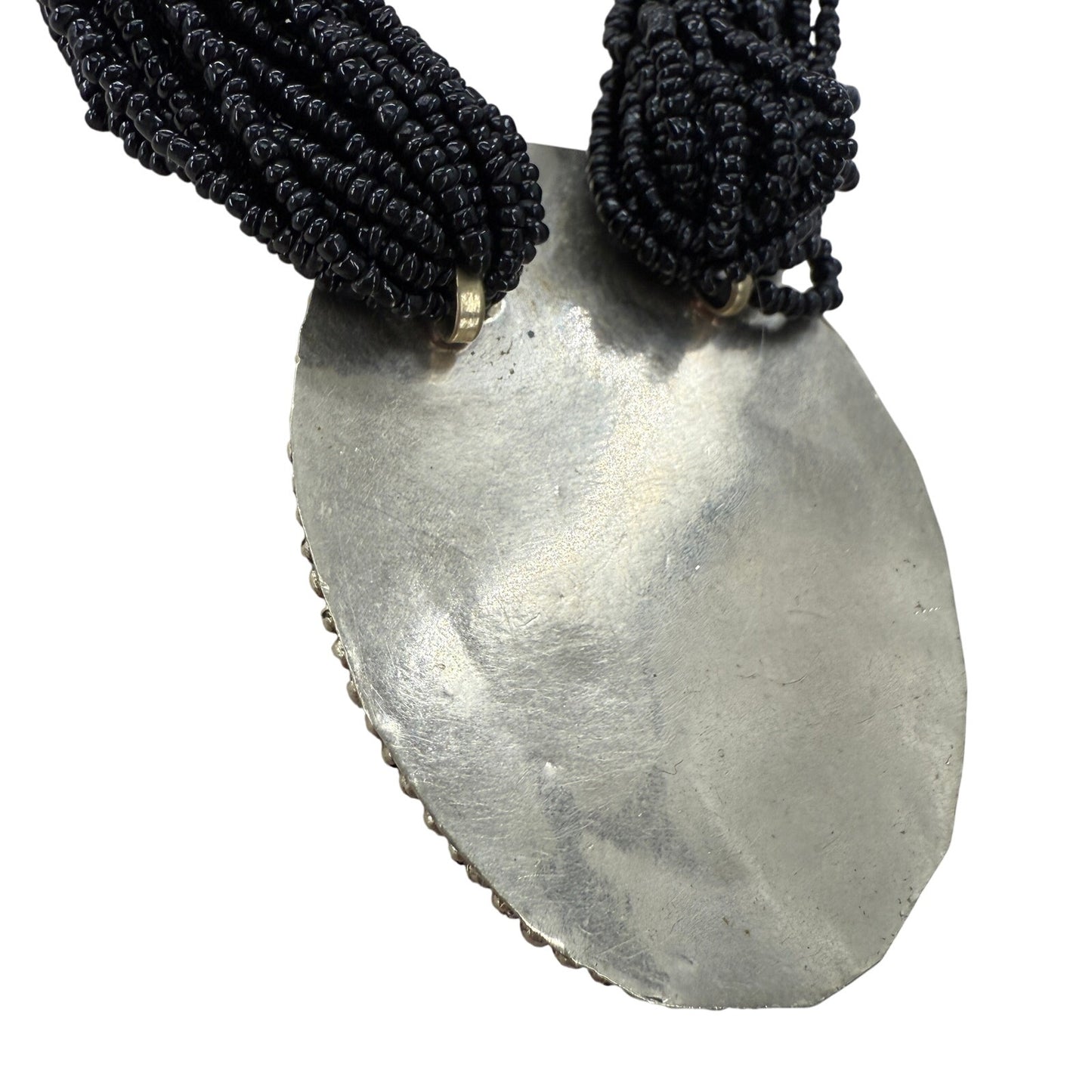 multi-strand black seed bead Necklace moss agate oval Pendant beaded strands