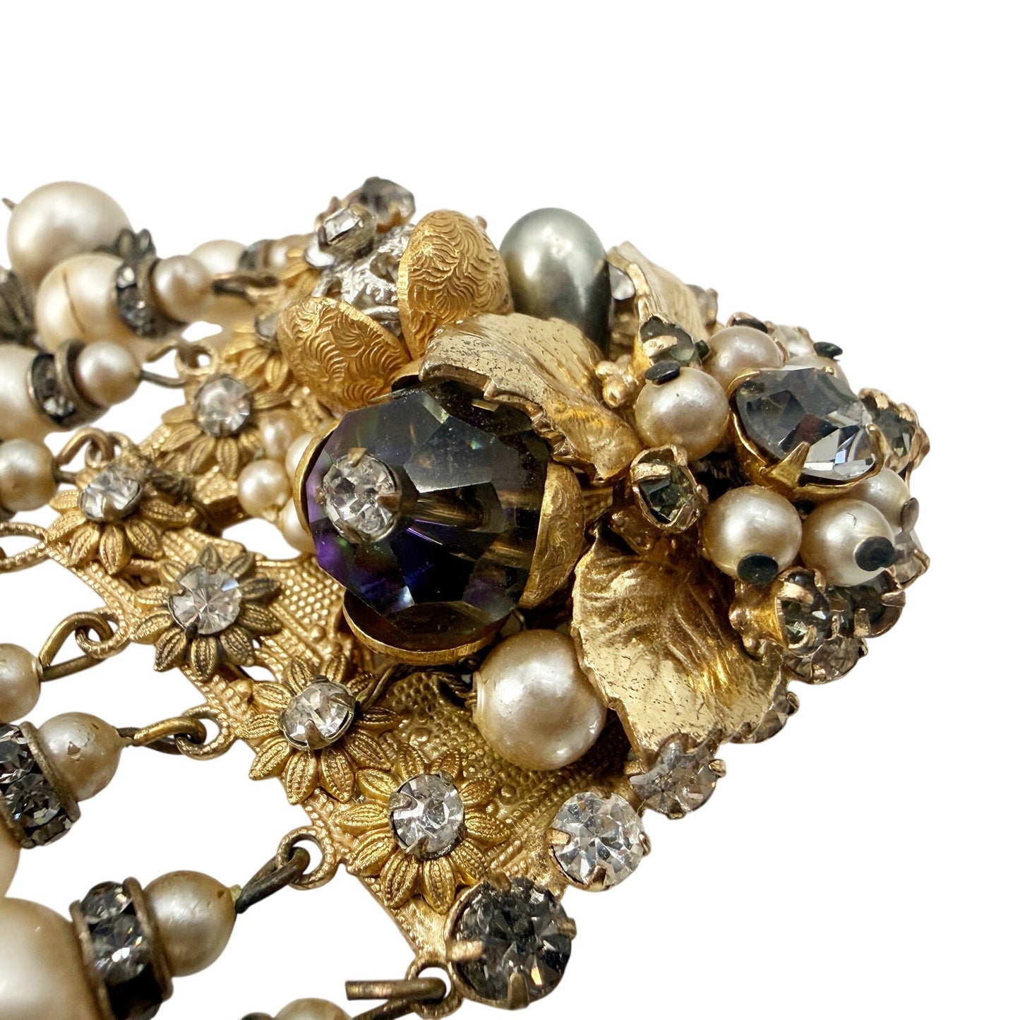 vintage Eugene gold & cascading faux pearls BROOCH floral costume jewelry pin