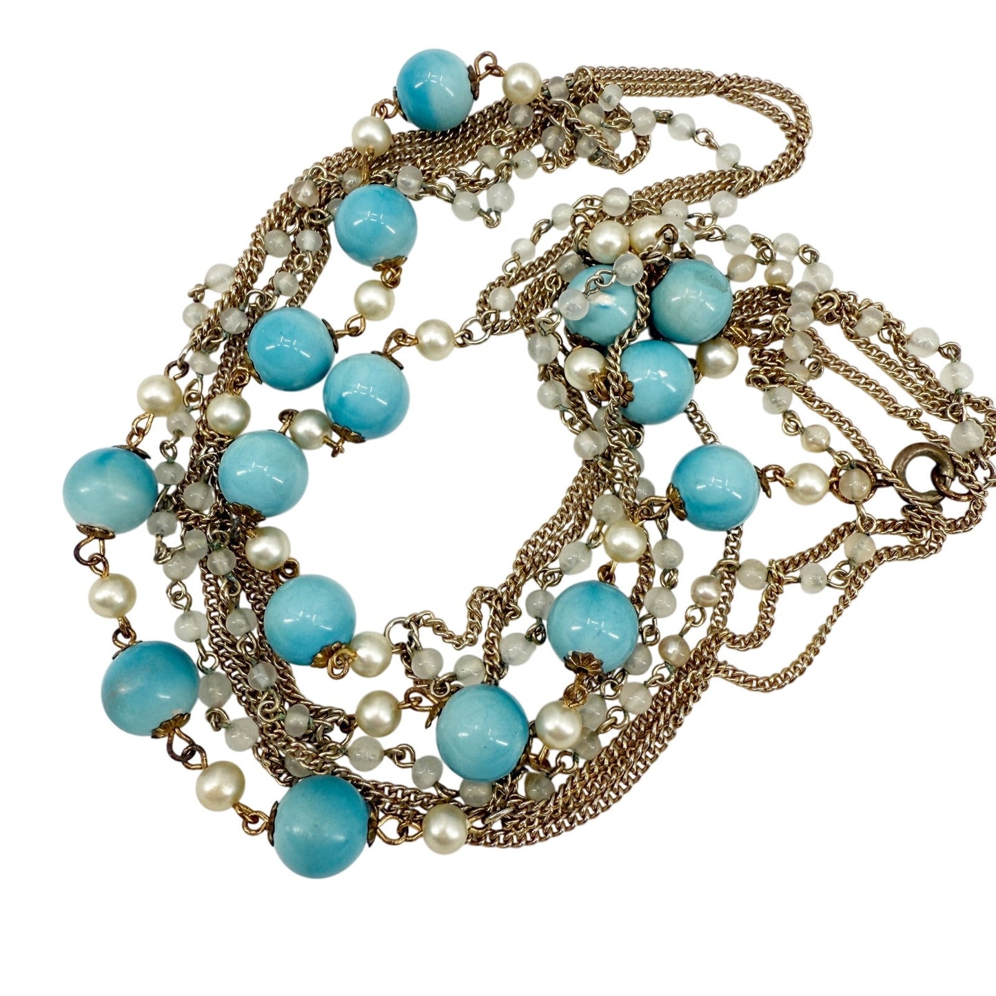 vintage gold chain Necklace faux pearls turquoise blue beads costume jewelry