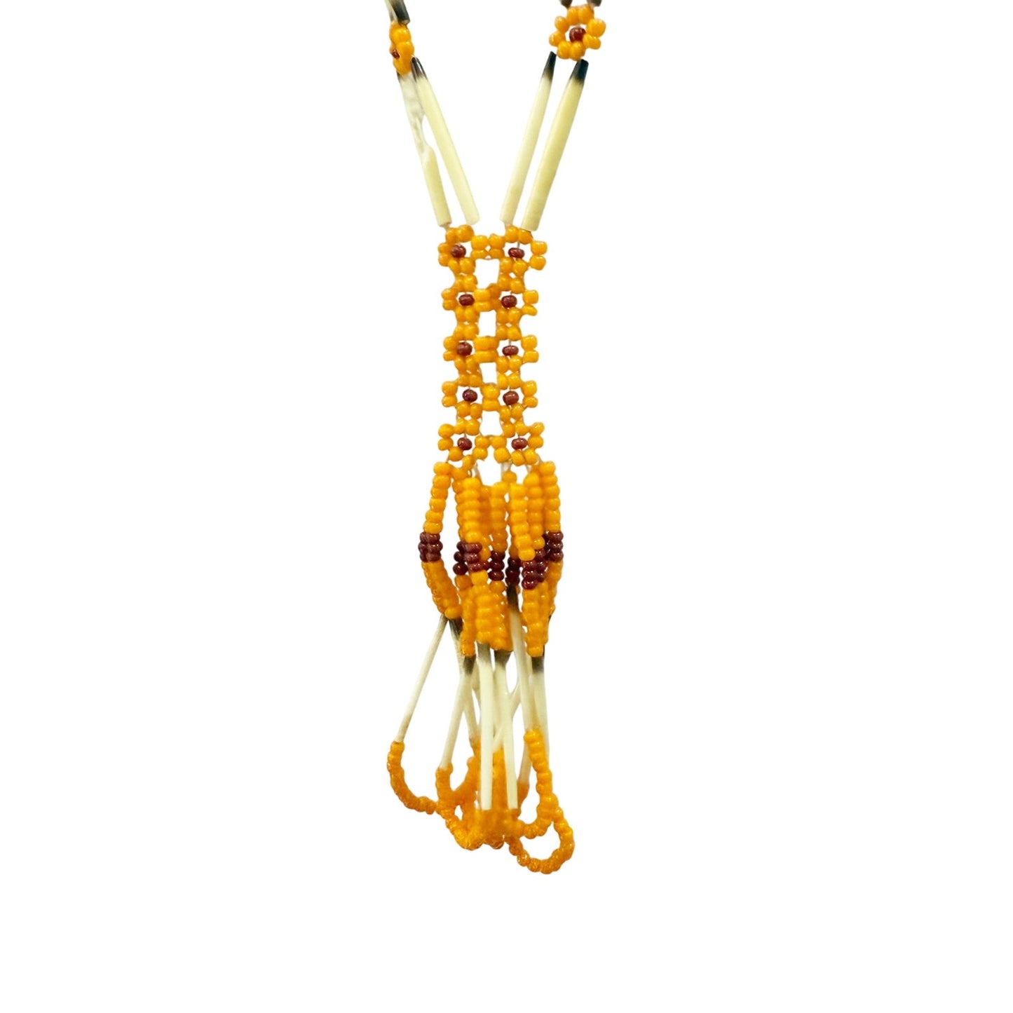 vintage orange & burgundy seed bead flowers Tassel Necklace porcupine quills