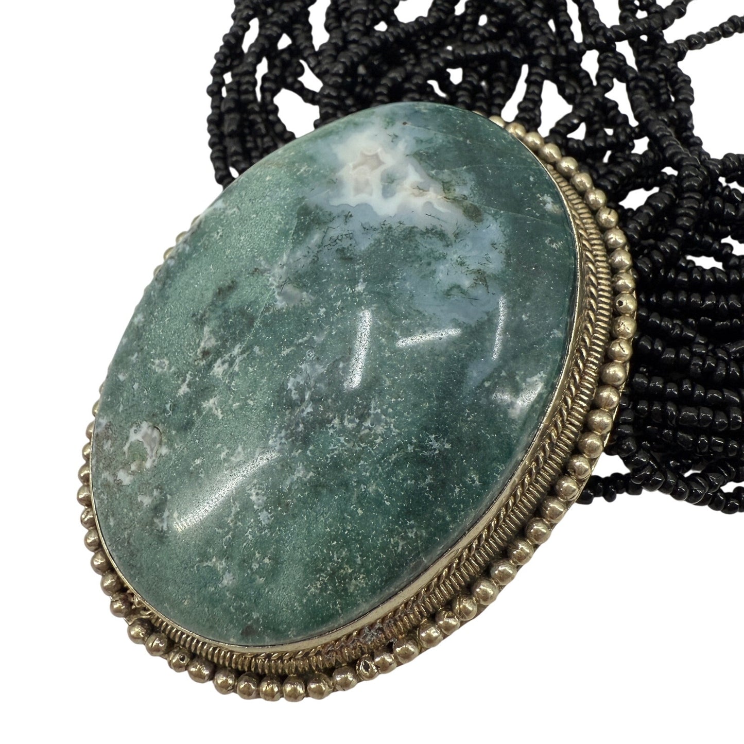 multi-strand black seed bead Necklace moss agate oval Pendant beaded strands