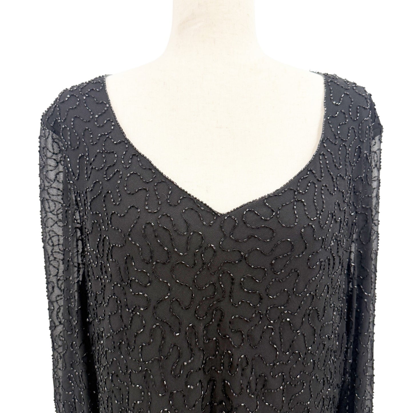 JKARA black Cocktail Beaded Top women's LARGE v-neck blouse sheer bell sleeve