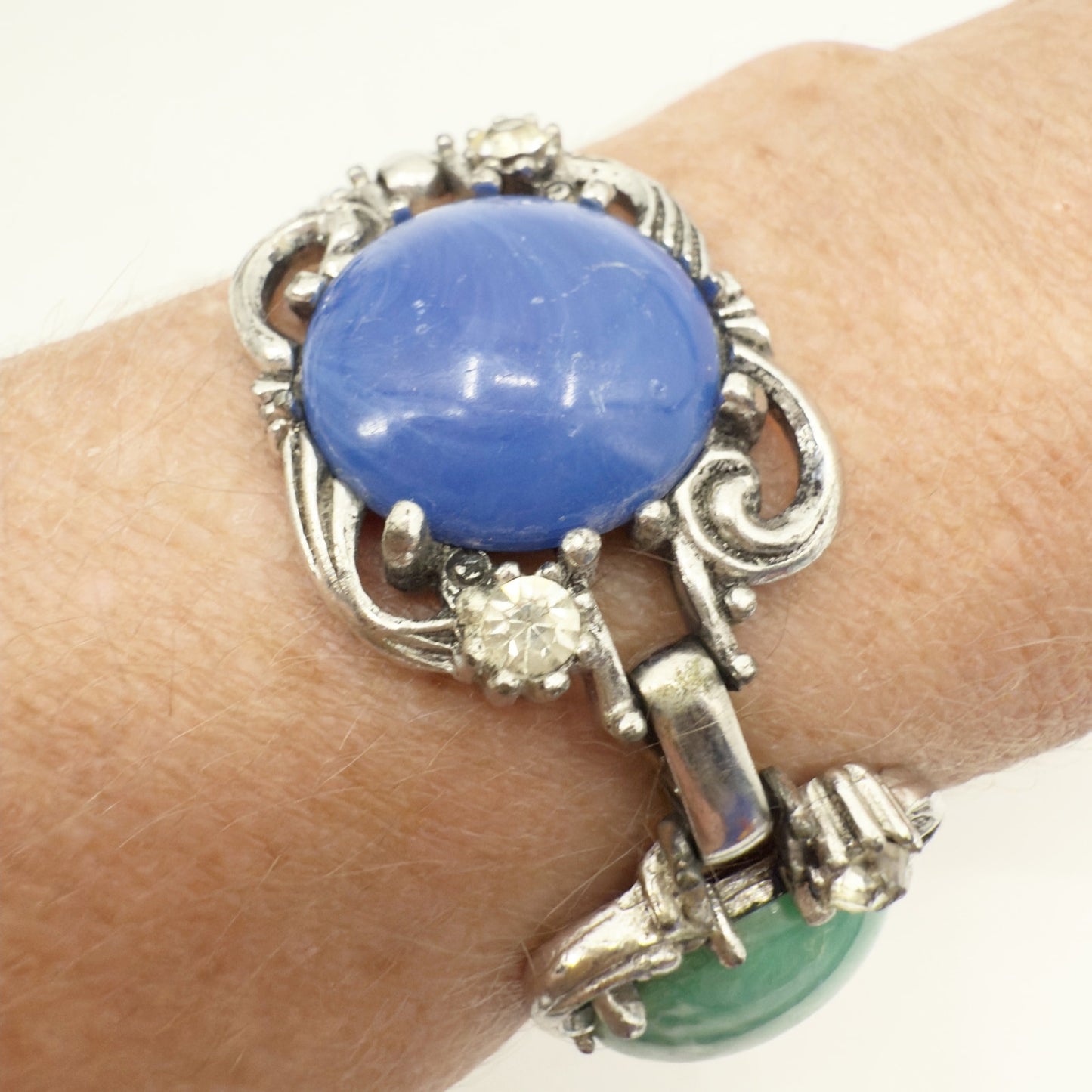 vintage silver tone metal and faux multi-stone Link Bracelet clear rhinestones