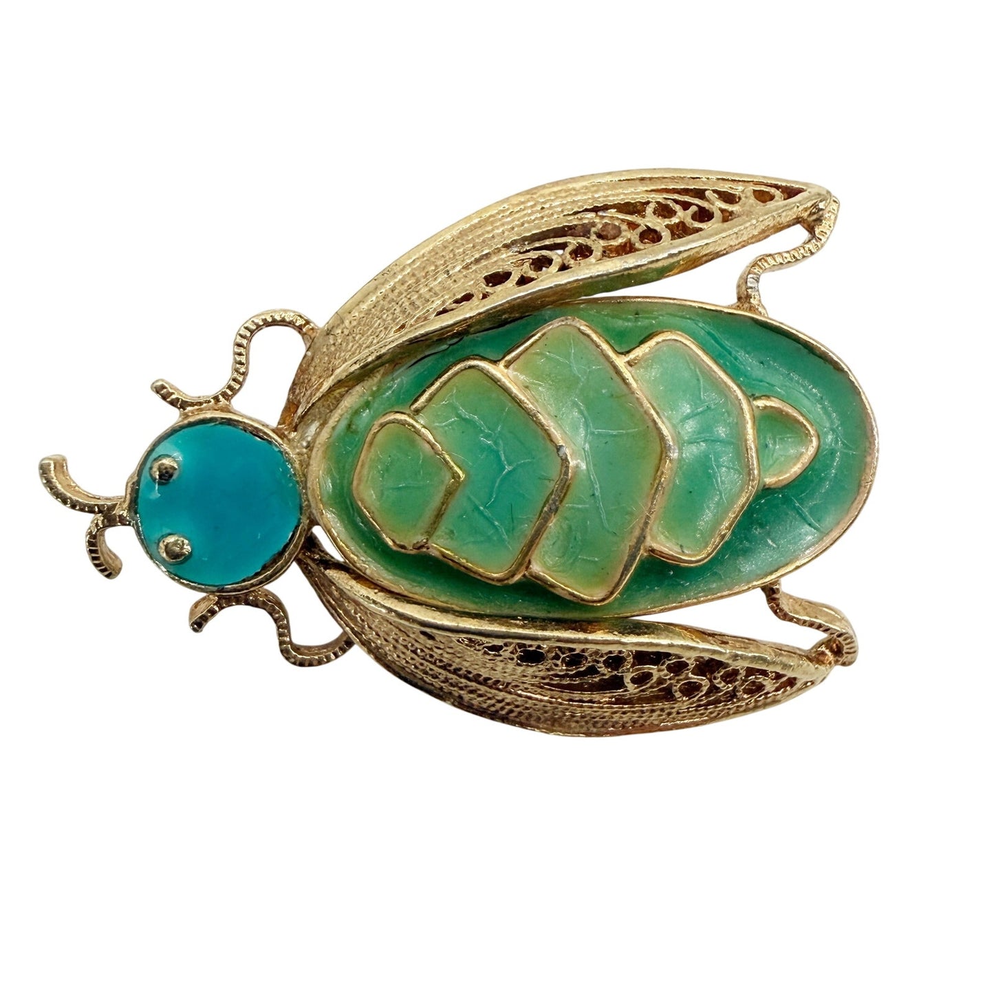 vintage blue green enamel gold filigree Bug BROOCH insect costume jewelry pin