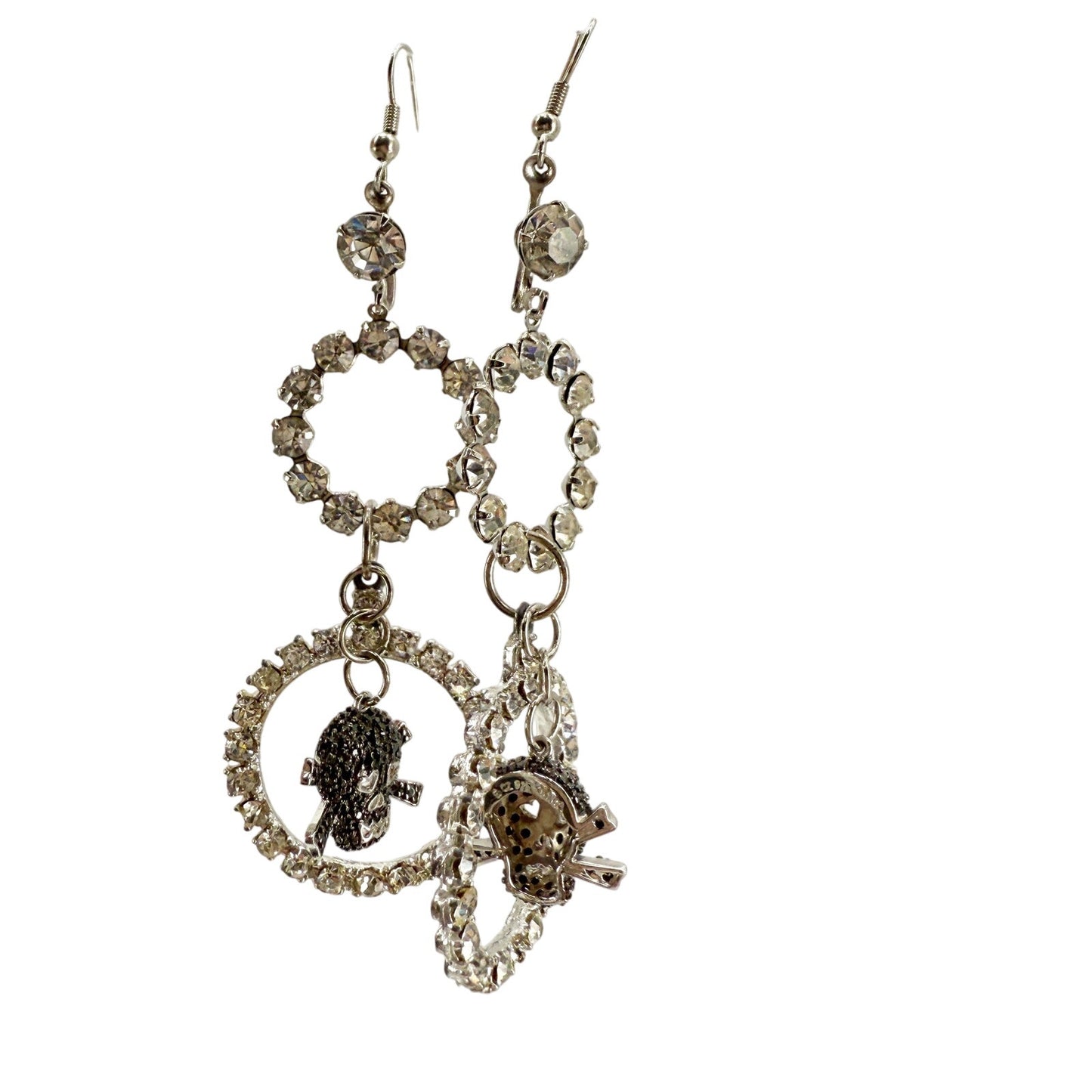 handmade clear Rhinestones & black Skull EARRINGS dangling 3.5" long jewelry