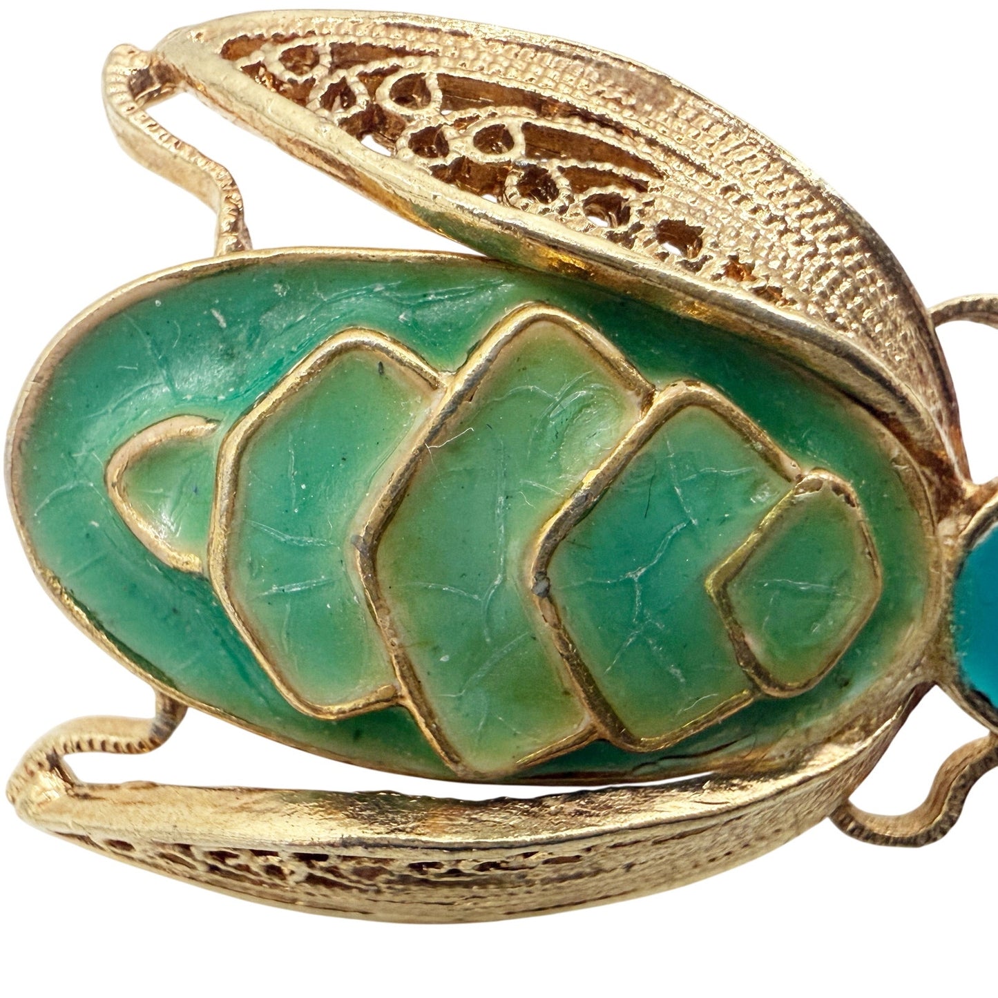 vintage blue green enamel gold filigree Bug BROOCH insect costume jewelry pin