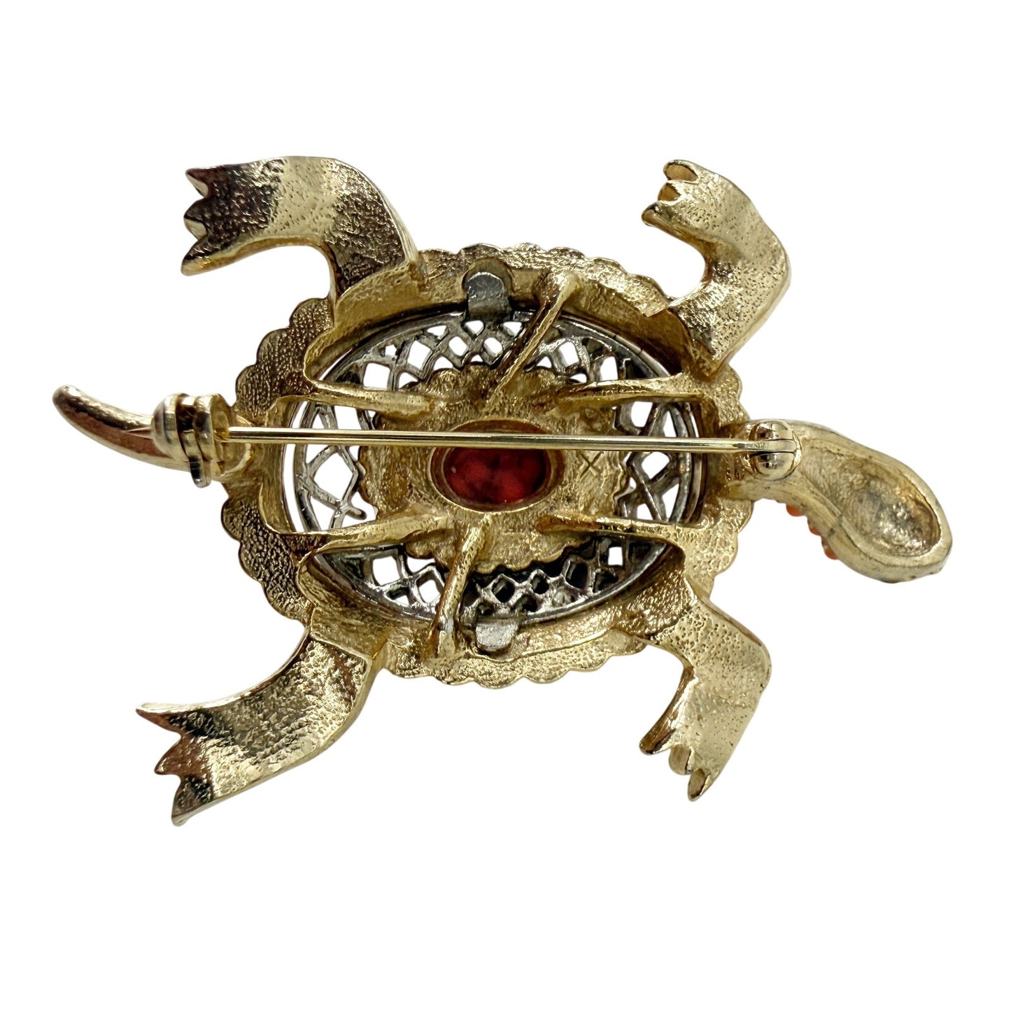 vintage orange gold pink Turtle BROOCH costume jewelry pin green rhinestone eyes