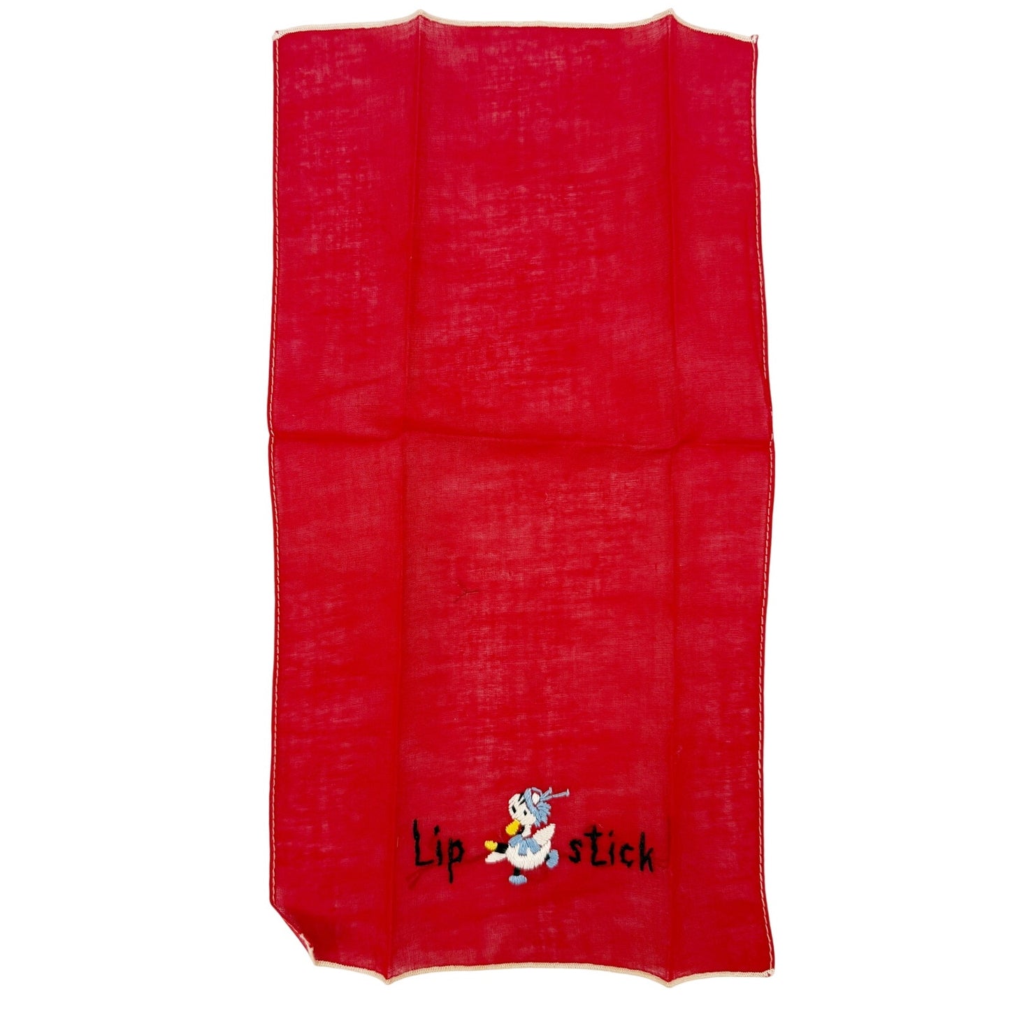 vintage red Lipstick Hanky embroidered duck with blue hat & collar 7" x 13"