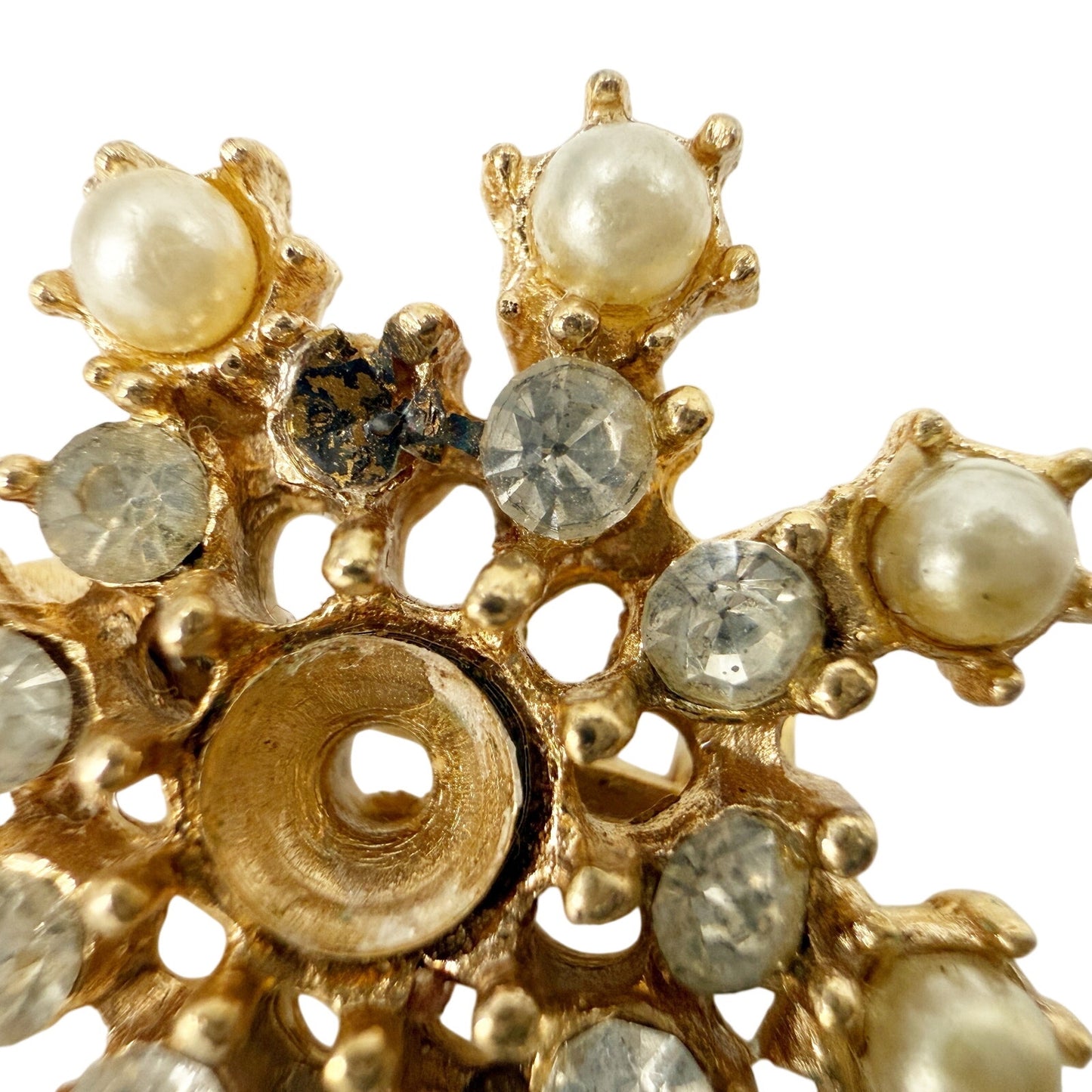 vintage gold faux pearls & rhinestones Starburst snowflake Brooch jewelry pin
