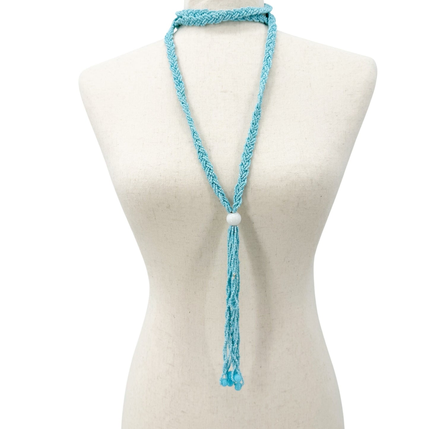 vintage Necklace of turquoise blue seed beads & tassel pendant long 28" drop
