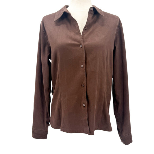 Talbots Collection brown stretch Button Up Top women's 10 large shirt faux suede